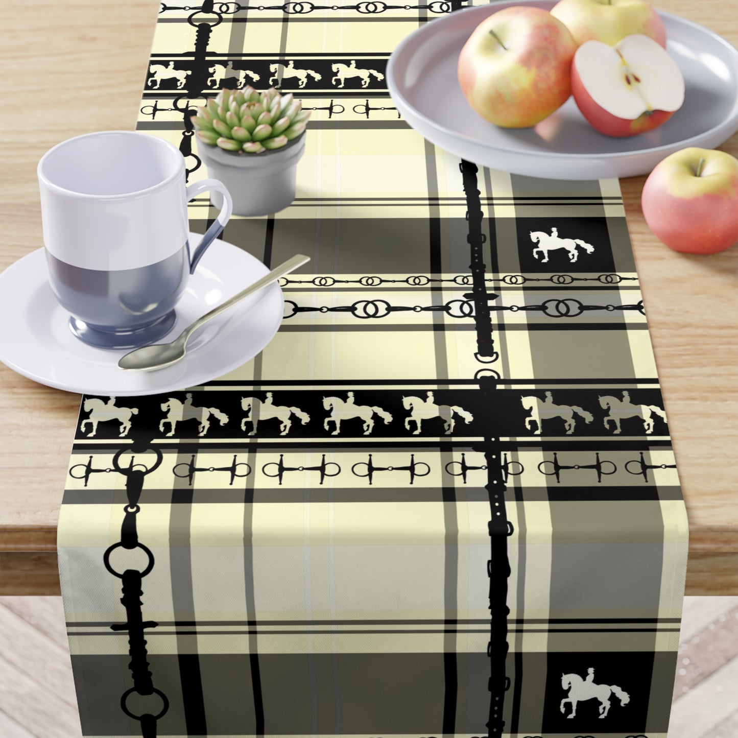 Cream Black Ivory Dressage and Snaffle Bit Plaid and Bit Motif Table Runner