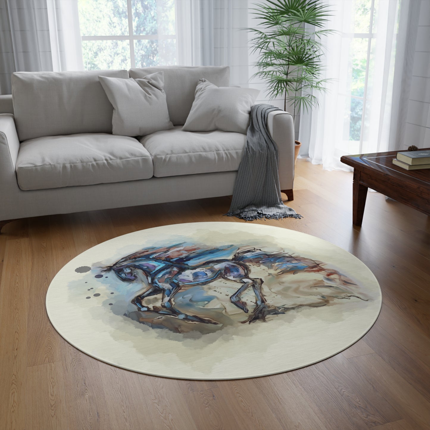 A Running Horse Water Color  Equestrian Art Round Rug. Original Art Rug. Show Stall Rug Home Decor