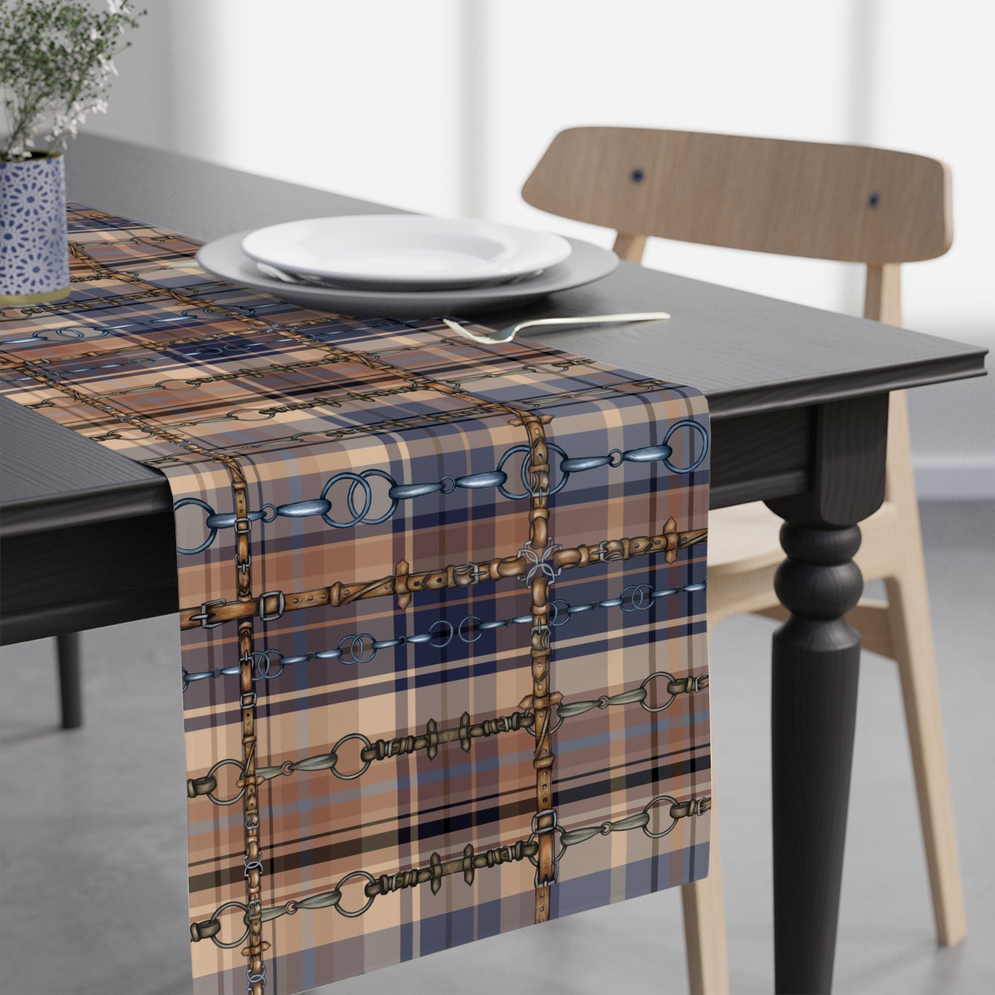 Equestrian Blue plaid with Bit design artwork overlay Motif Table Runner Trademark Pending