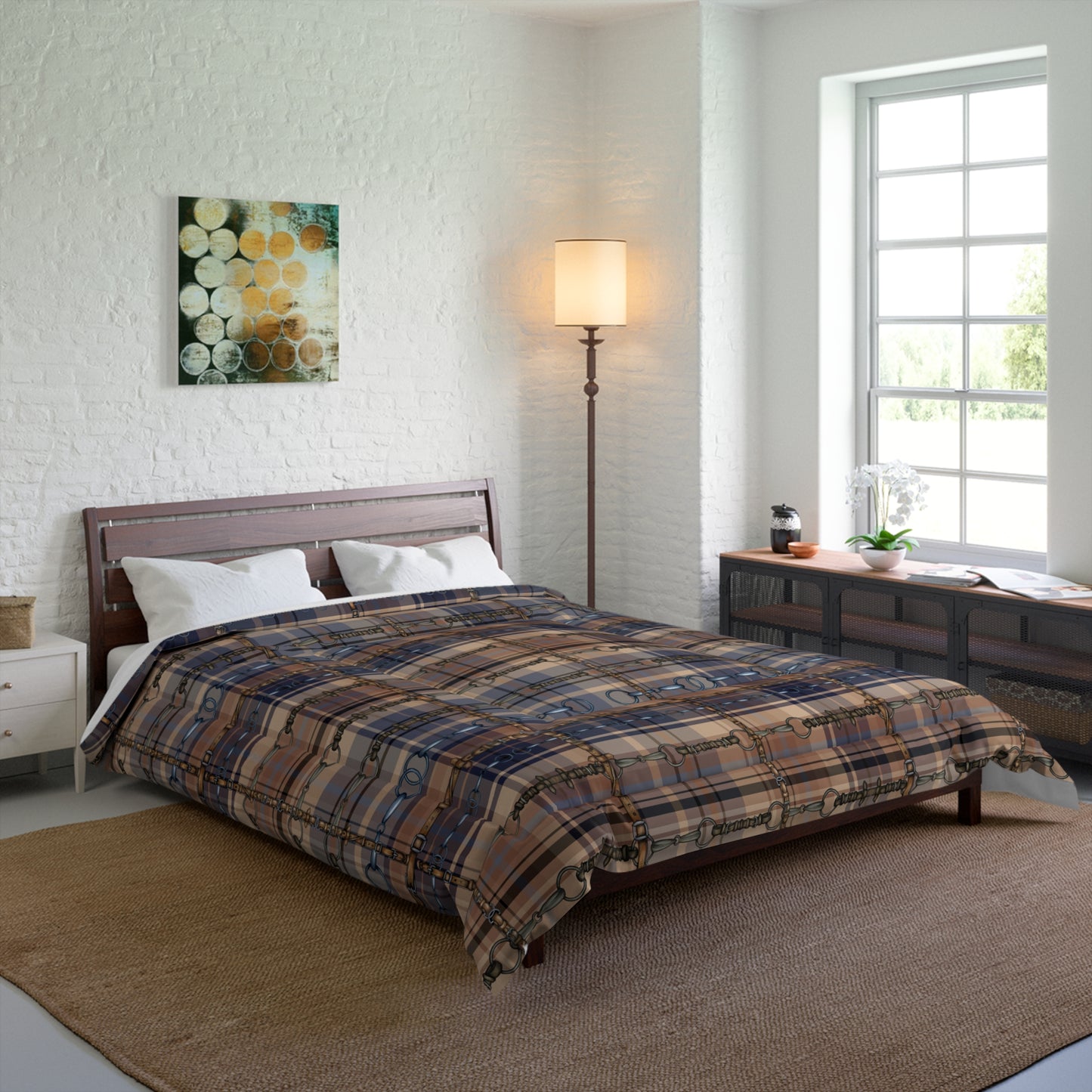 Snaffle Bit Motif over Plaid Art Comforter. Equestrian Bit and Reins art Comforter