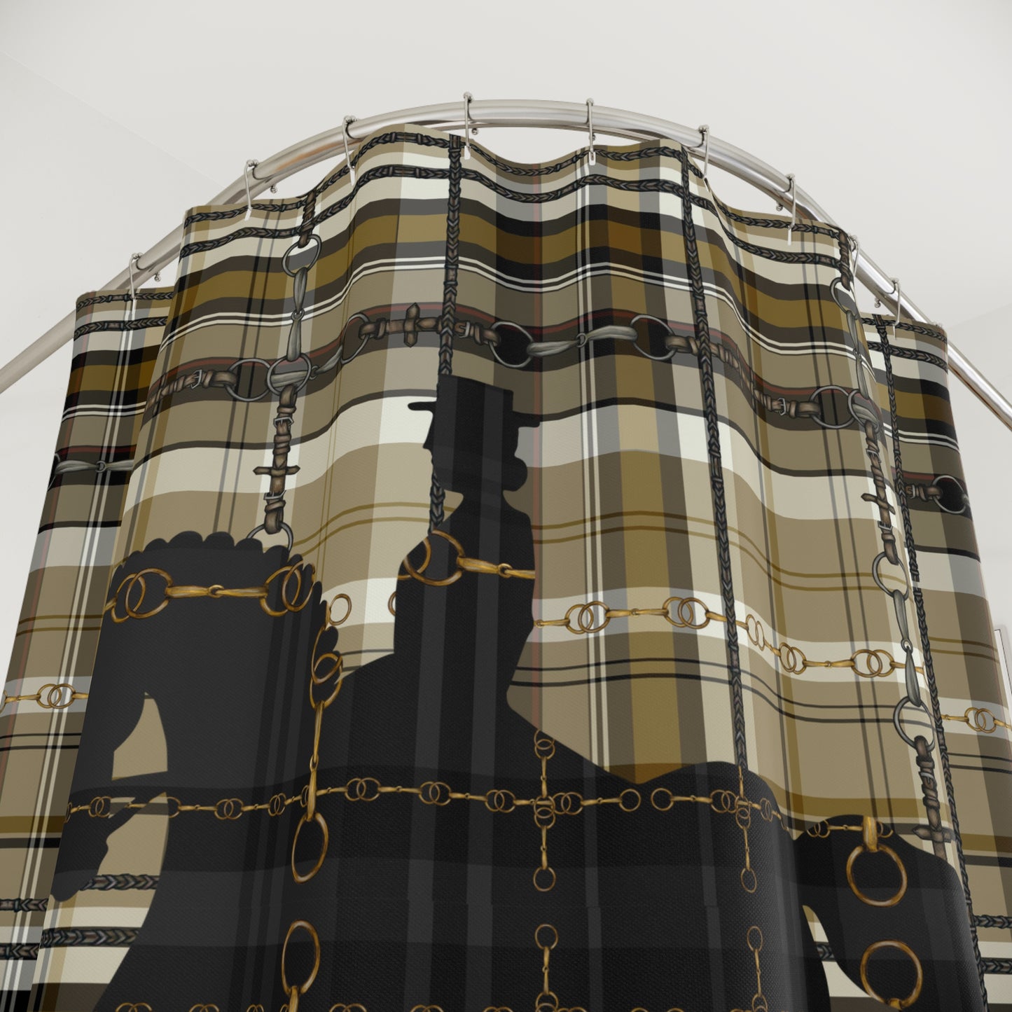 Dressage Plaid and Snaffle bit and stirrup pattern Polyester Shower Curtain. My original equestrian art work printed on a shower curtain.