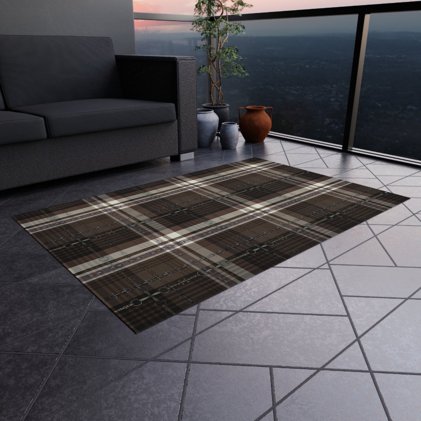 Equestrian plaid and snaffle bit Indoor/Outdoor Rug