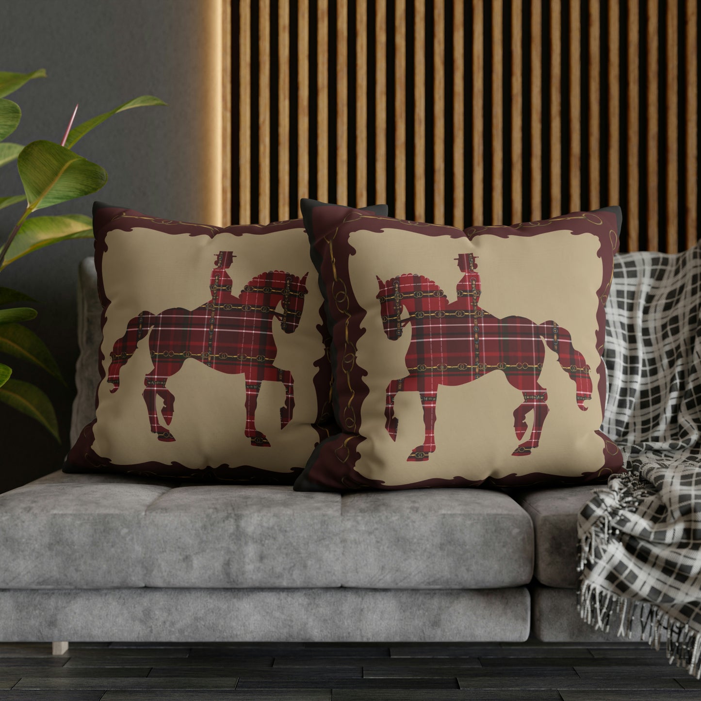 Christmas Piaffe Plaid Dressage Double sided equestrian bit pattern Polyester PILLOW CASE Pillow Cover 24x24