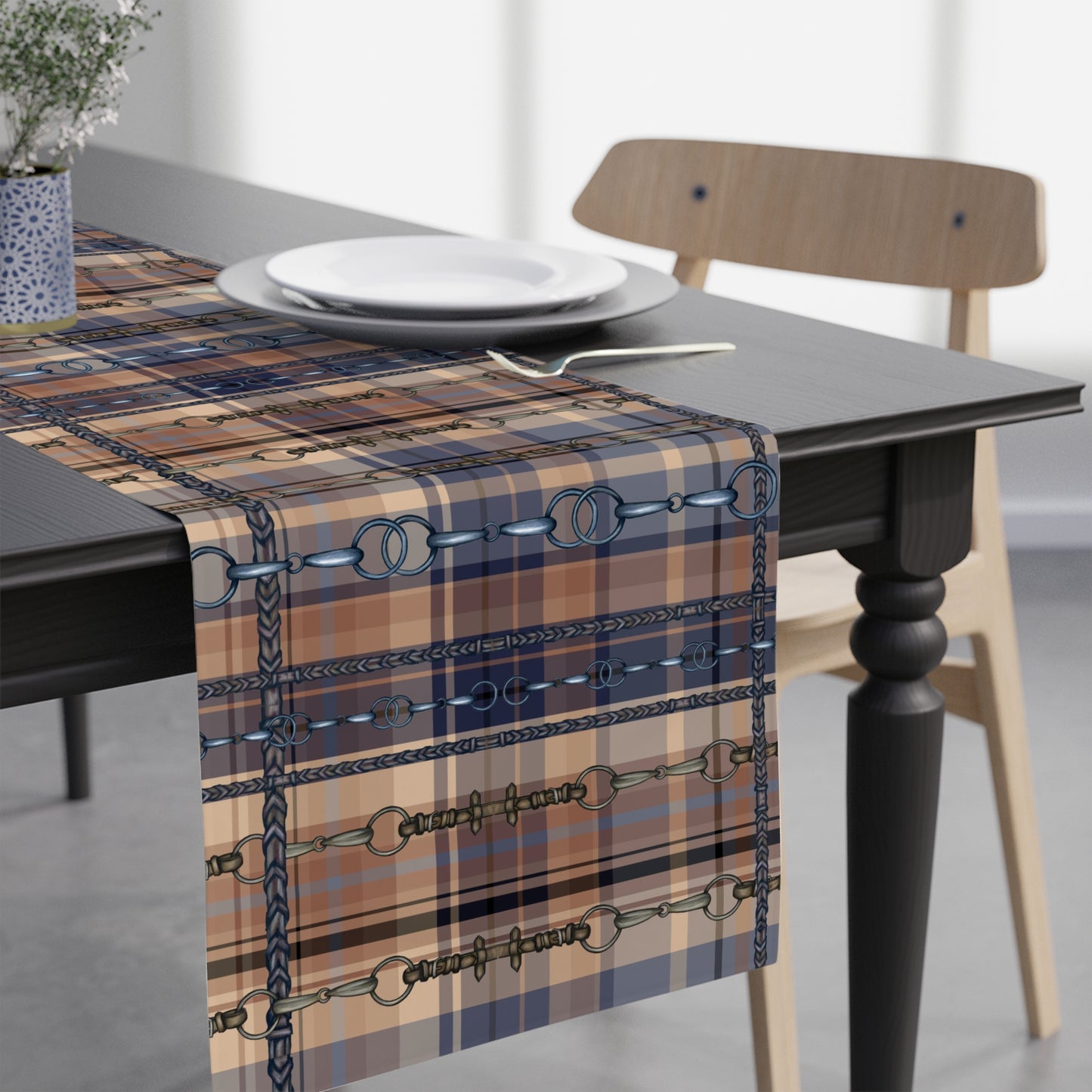 Blue and plaid with Bit overlay Motif Table Runner Trademark Pending