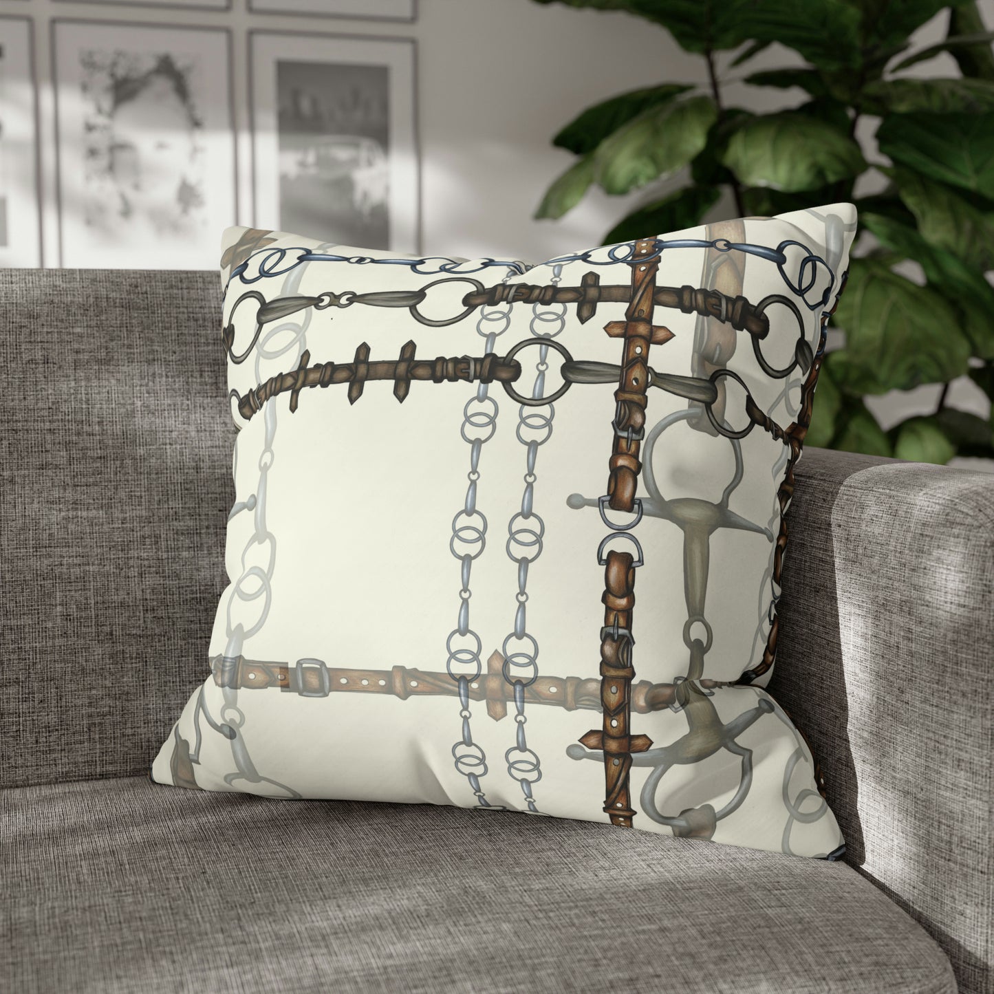 Ivory Double sided equestrian bit pattern Polyester PILLOW CASE Pillow Cover Provide your own insert