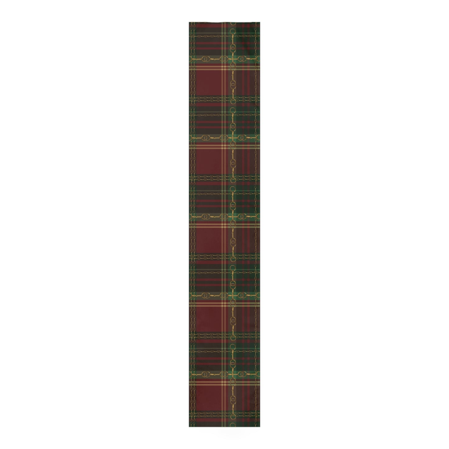 Equestrian Christmas Red Green plaid with Gold Bit design artwork overlay Motif Table Runner Trademark Pending