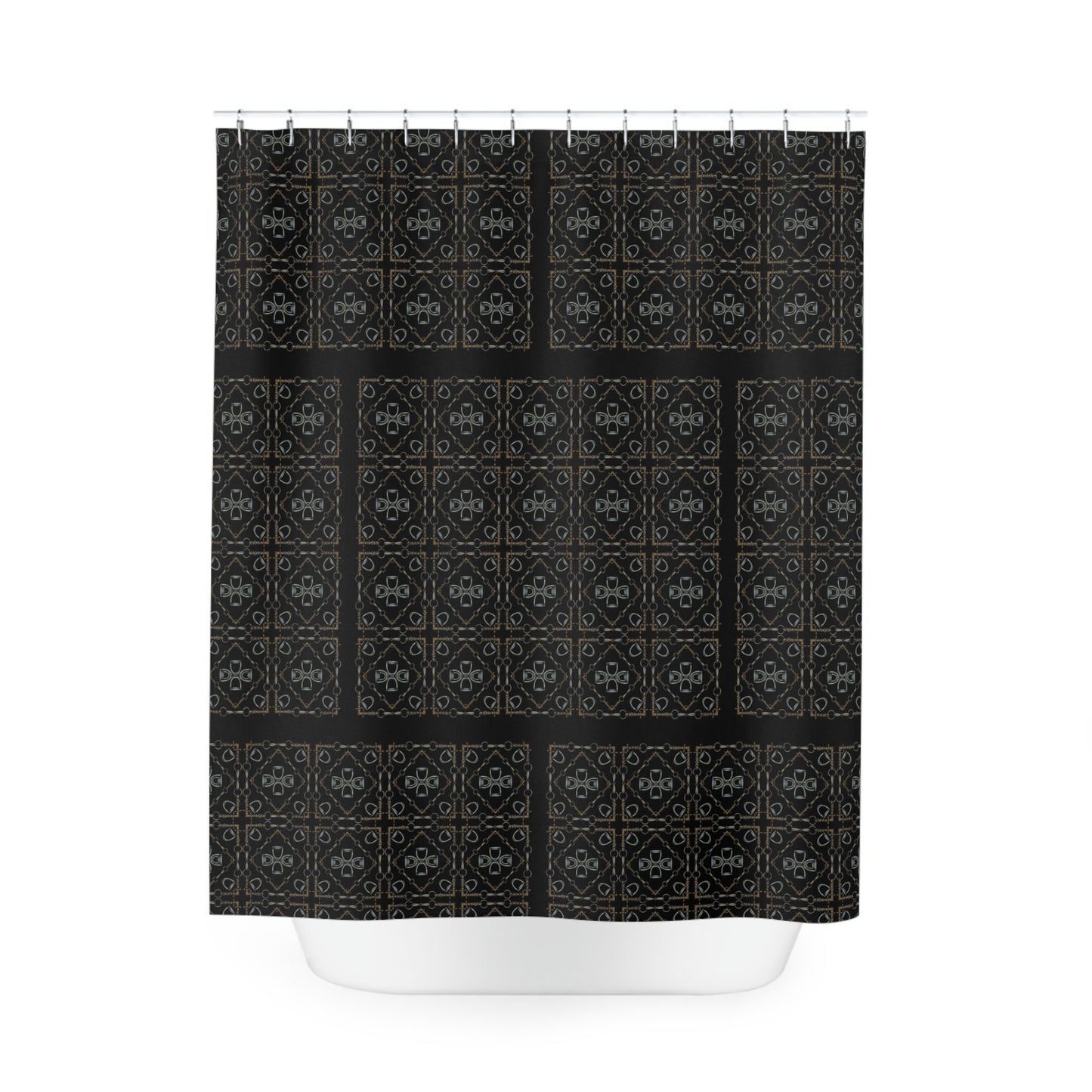 Snaffle bit and stirrup pattern Polyester Shower Curtain. My original equestrian art work printed on a shower curtain.