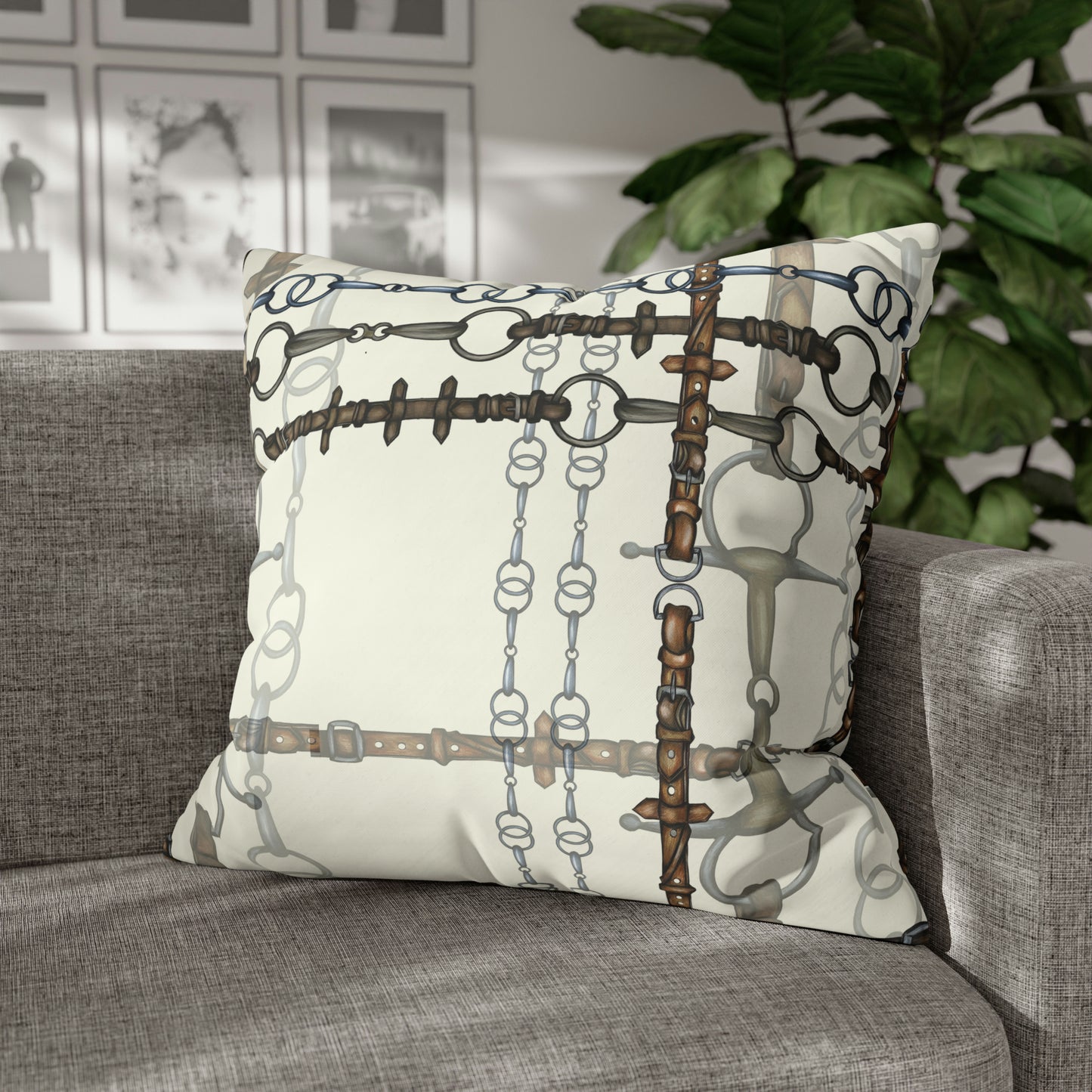 Ivory Double sided equestrian bit pattern Polyester PILLOW CASE Pillow Cover Provide your own insert