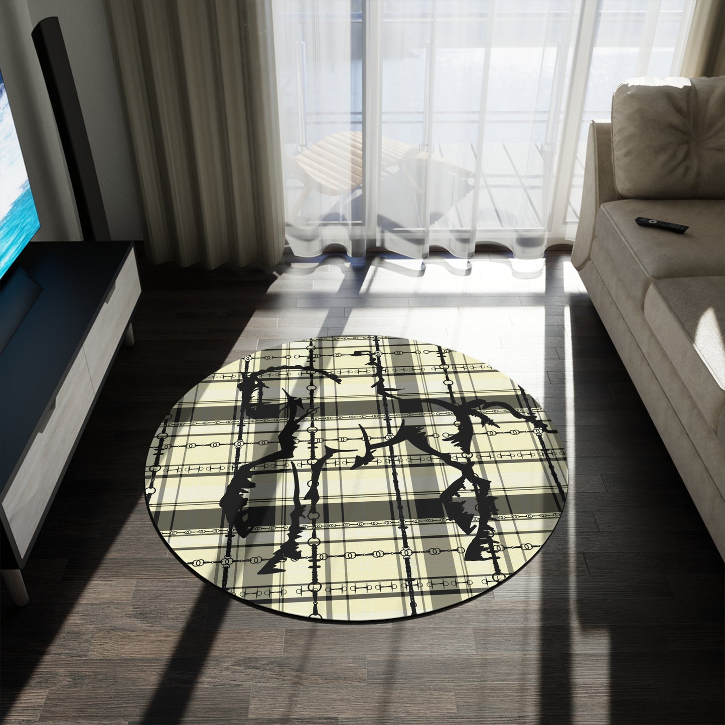 Dressage Plaid Equestrian Art Round Rug. Western Horse Original Art Rug. Show Stall Rug Home Decor