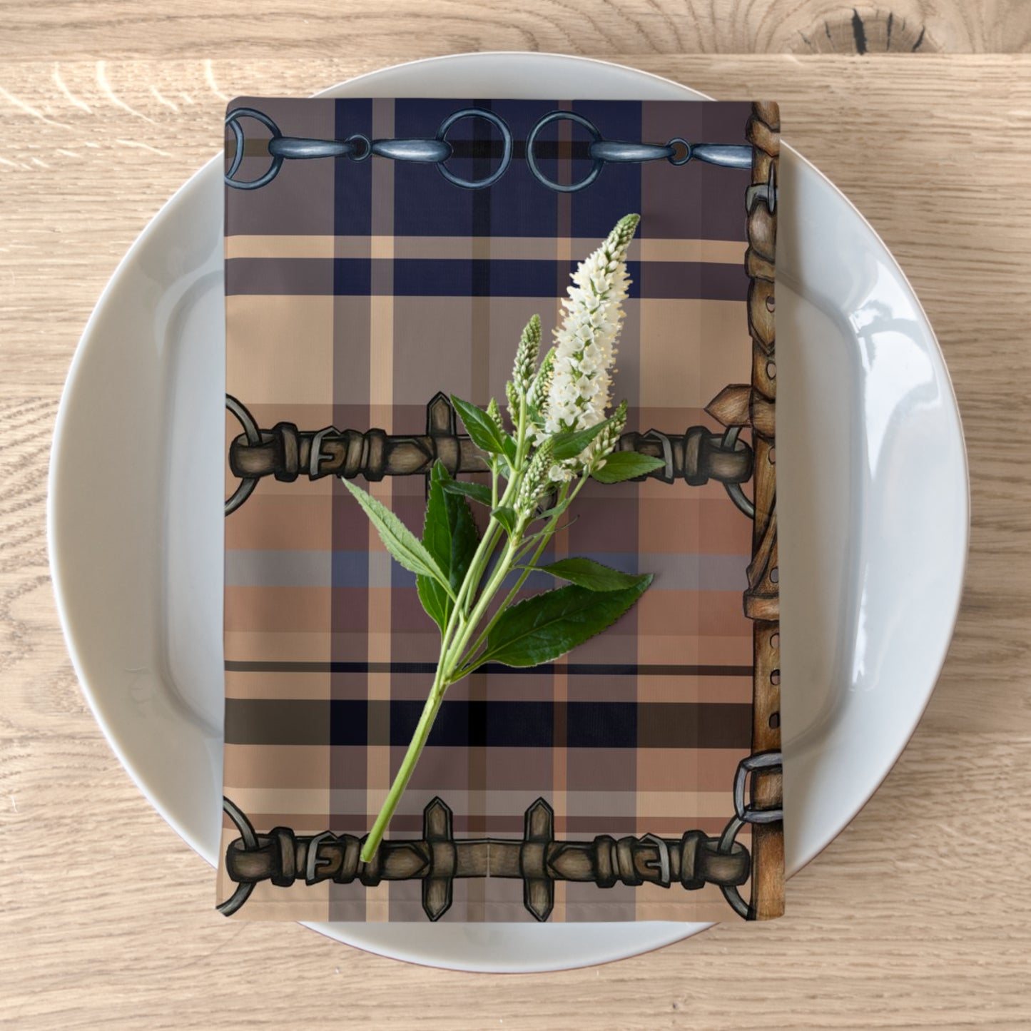Tan and Blue Plaid with silver Bits and Reins Artwork overlay Napkins (Set of 4)