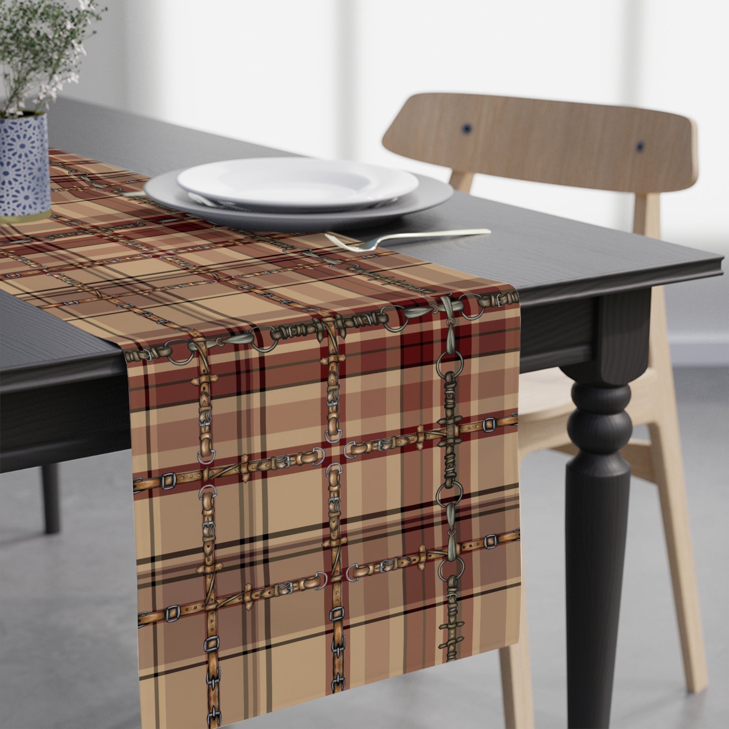 Country Christmas Red Plaid Bit overlay Motif Table Runner copyright Pending