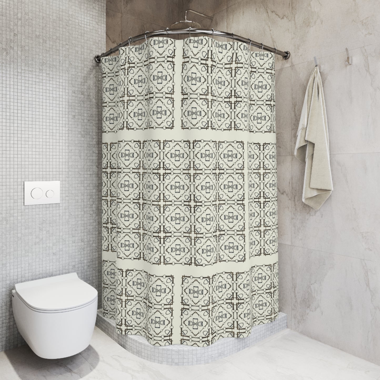 Ivory Snaffle bit and stirrup pattern Polyester Shower Curtain. My original equestrian art work printed on a shower curtain.