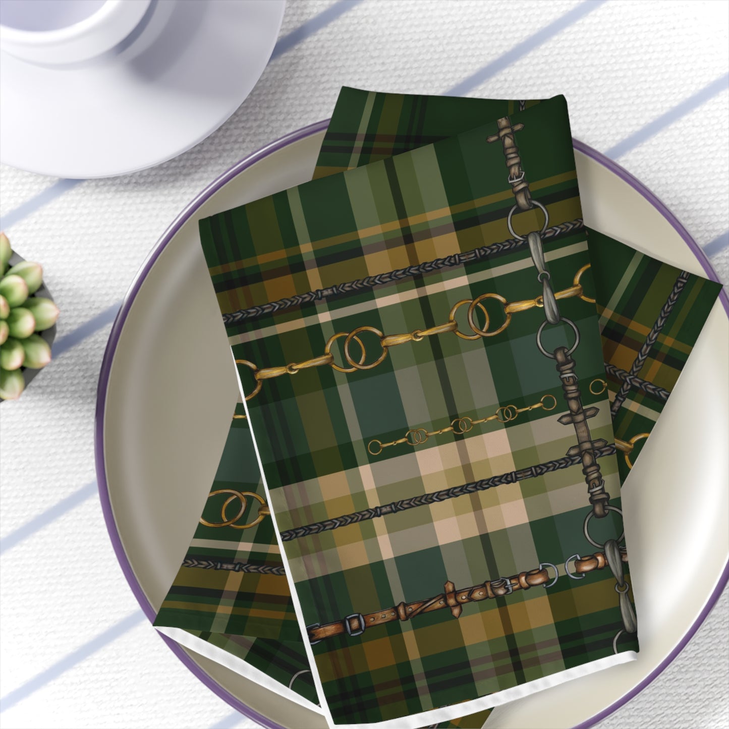 Fox and Hound Hunter Green Plaid with silver Bits and Reins Artwork Rustic Christmas Napkins (Set of 4) matching Runner