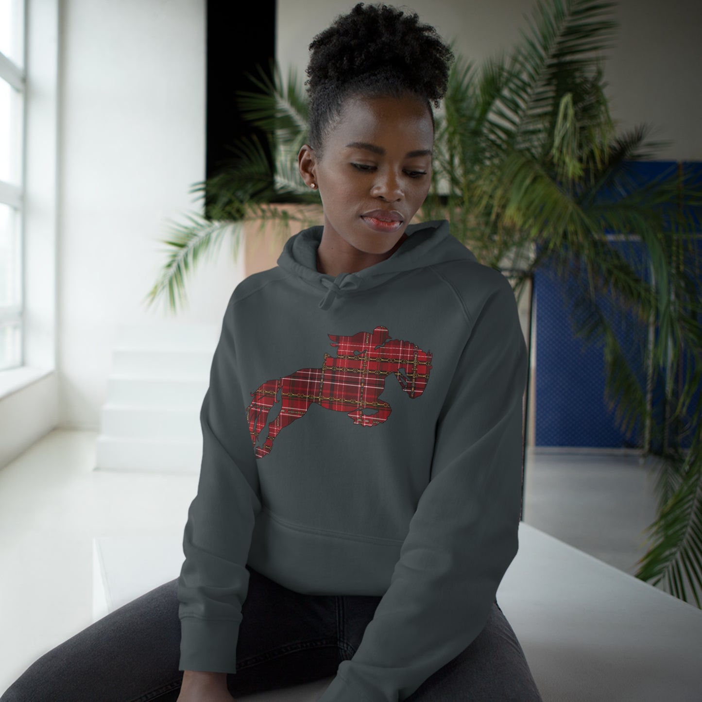 Christmas Jumping Horse Plaid "Oh What fun it is to ride" Dressage Unisex Supply Hoodie