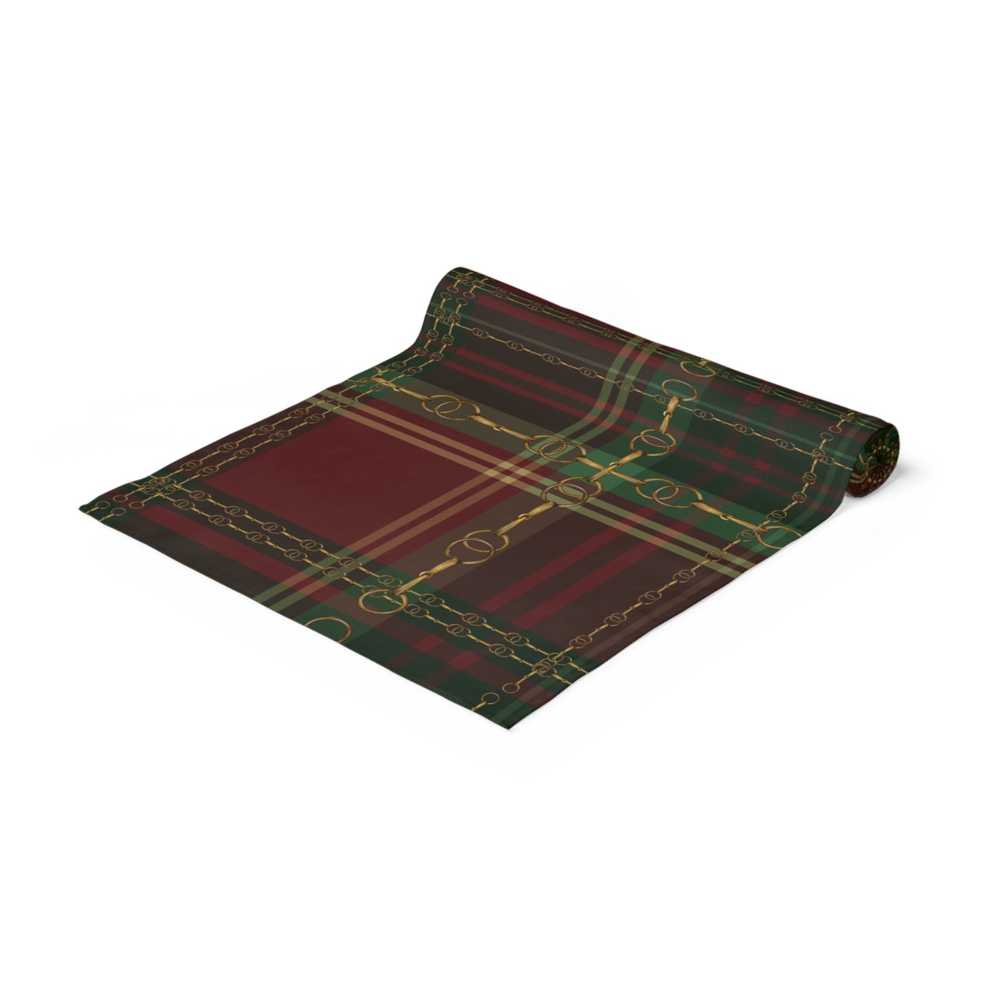 Equestrian Christmas Red Green plaid with Gold Bit design artwork overlay Motif Table Runner Trademark Pending