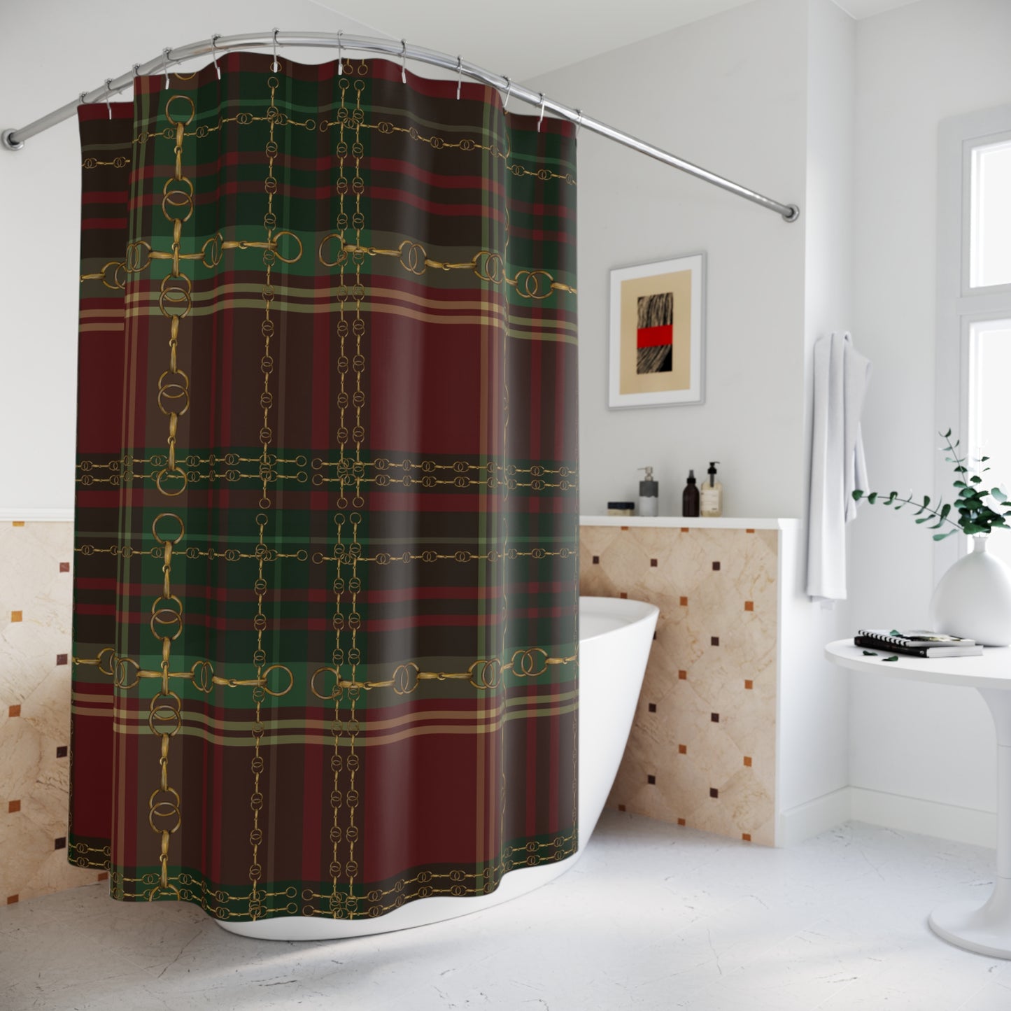 Christmas Plaid and Bit Motif Polyester Shower Curtain My original Art Work Printed on a shower Curtain