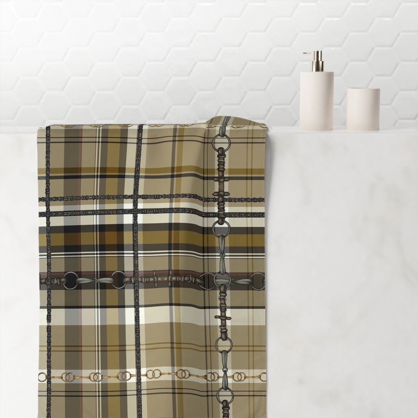 Tan Mustard Black Plaid with my snaffle Bit and reins Artwork Horse Luxury Bath Towel