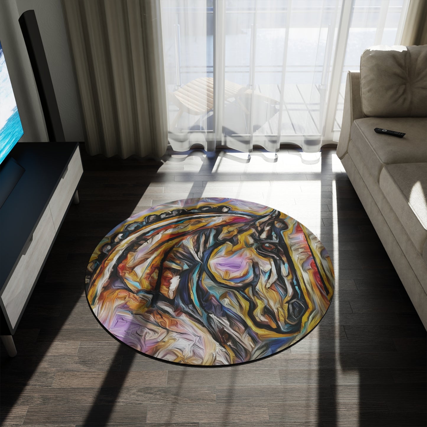 Original Equestrian Art Round Rug. My original Artwork printed on a rug. Home Decor. Show Stall Mat