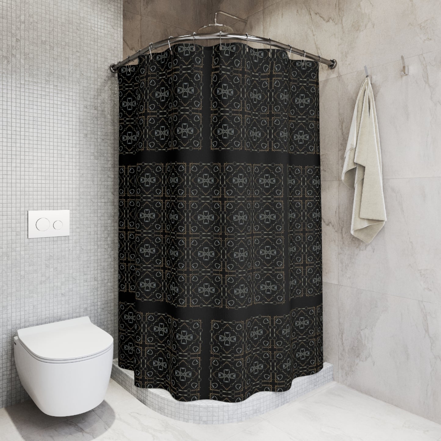 Snaffle bit and stirrup pattern Polyester Shower Curtain. My original equestrian art work printed on a shower curtain.