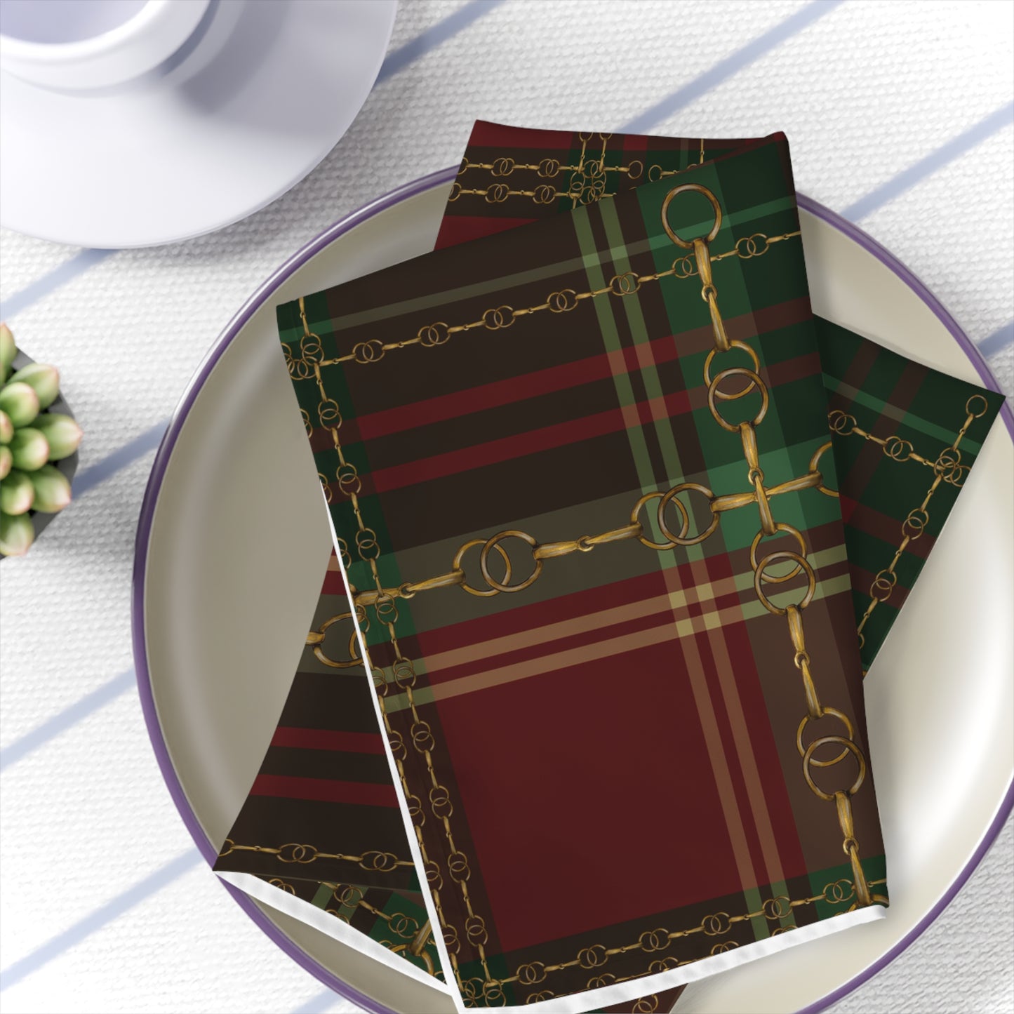 Christmas Plaid Fox and Hound Hunter Green Plaid with silver Bits and Reins Artwork Rustic Christmas Napkins (Set of 4)