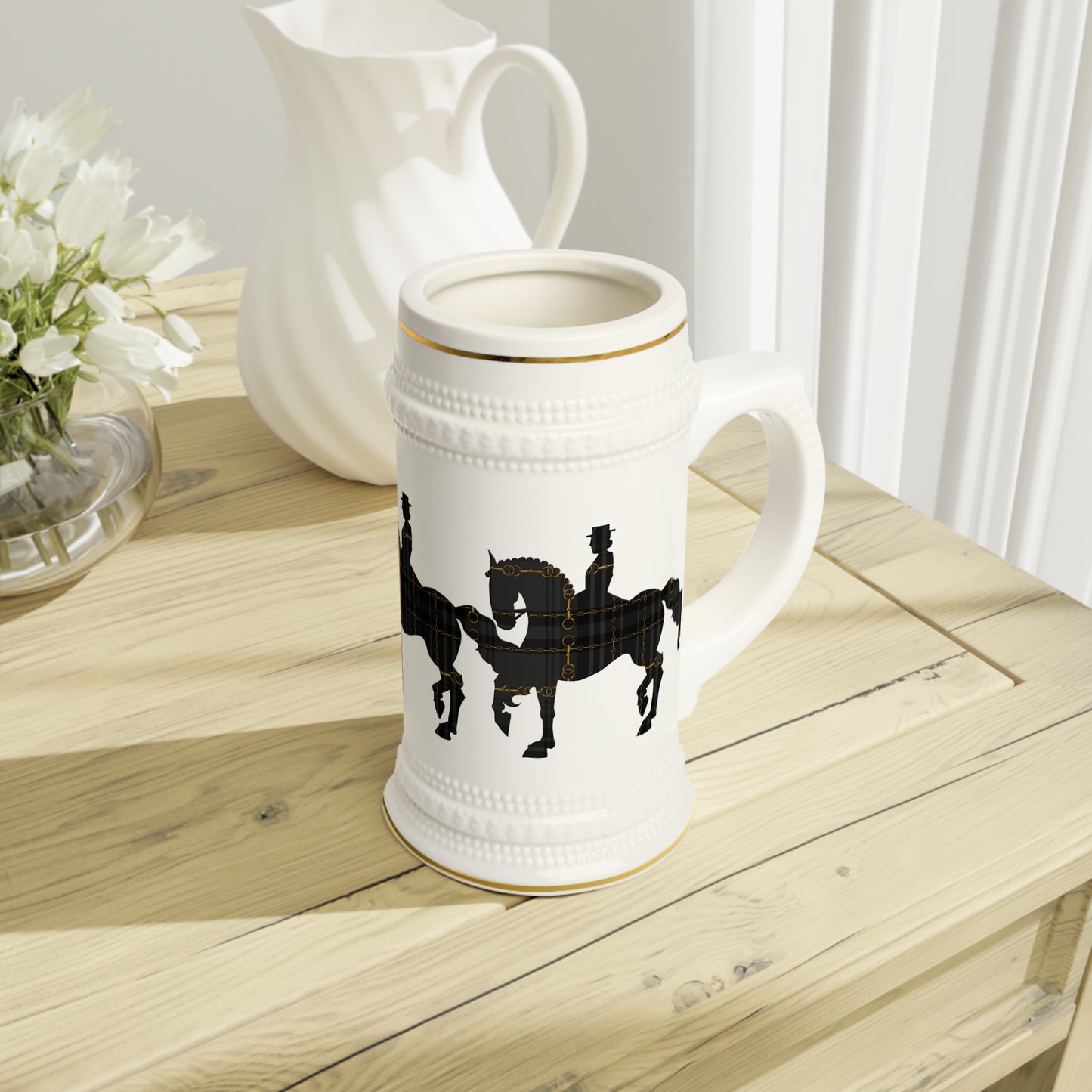 Dressage Horse Piaffe Plaid Design Stein Mug trademark pending