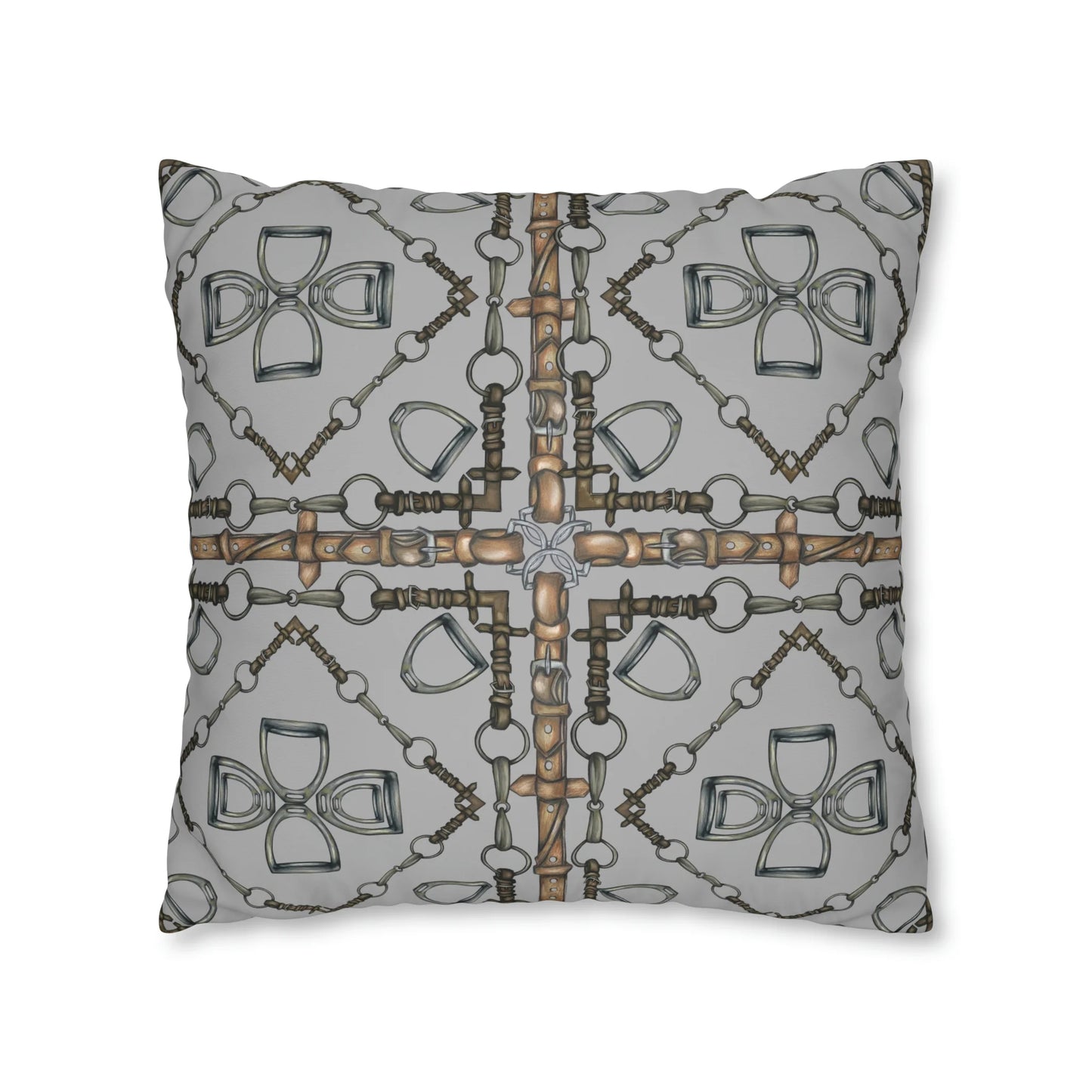 Gray Geometric Double Sided Snaffle Bit and Reins Pattern Polyester Pillowcase
