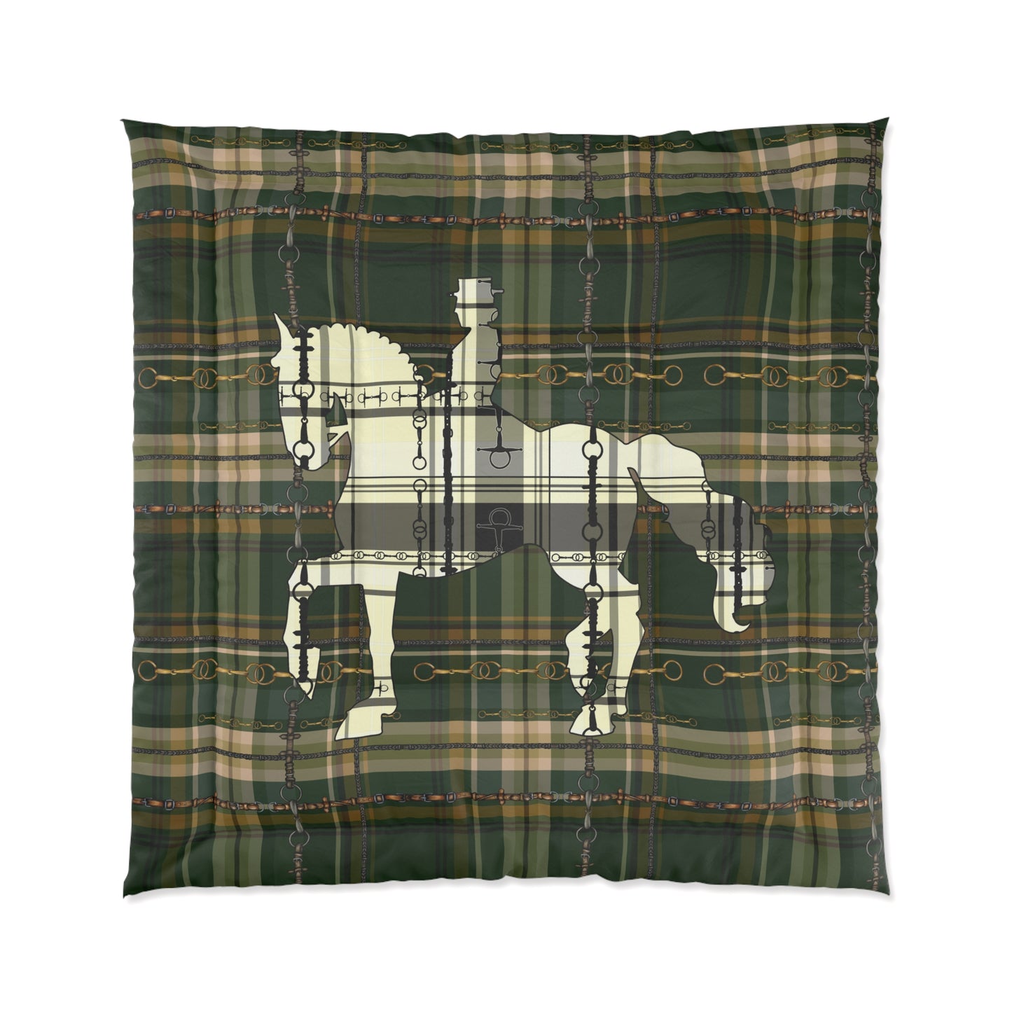 Dressage Snaffle Bit Motif over Plaid Art Comforter. Equestrian Bit and Reins art Comforter