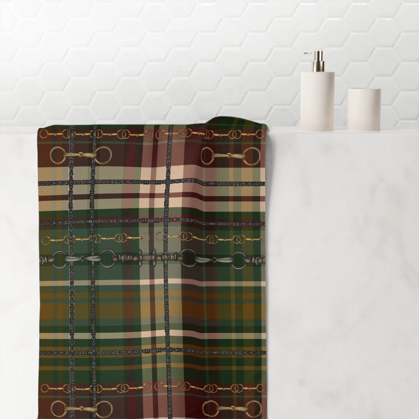 Christmas Plaid and Snaffle Bit And Reins Design . My artwork on Plaid Horse Luxury Bath Towel