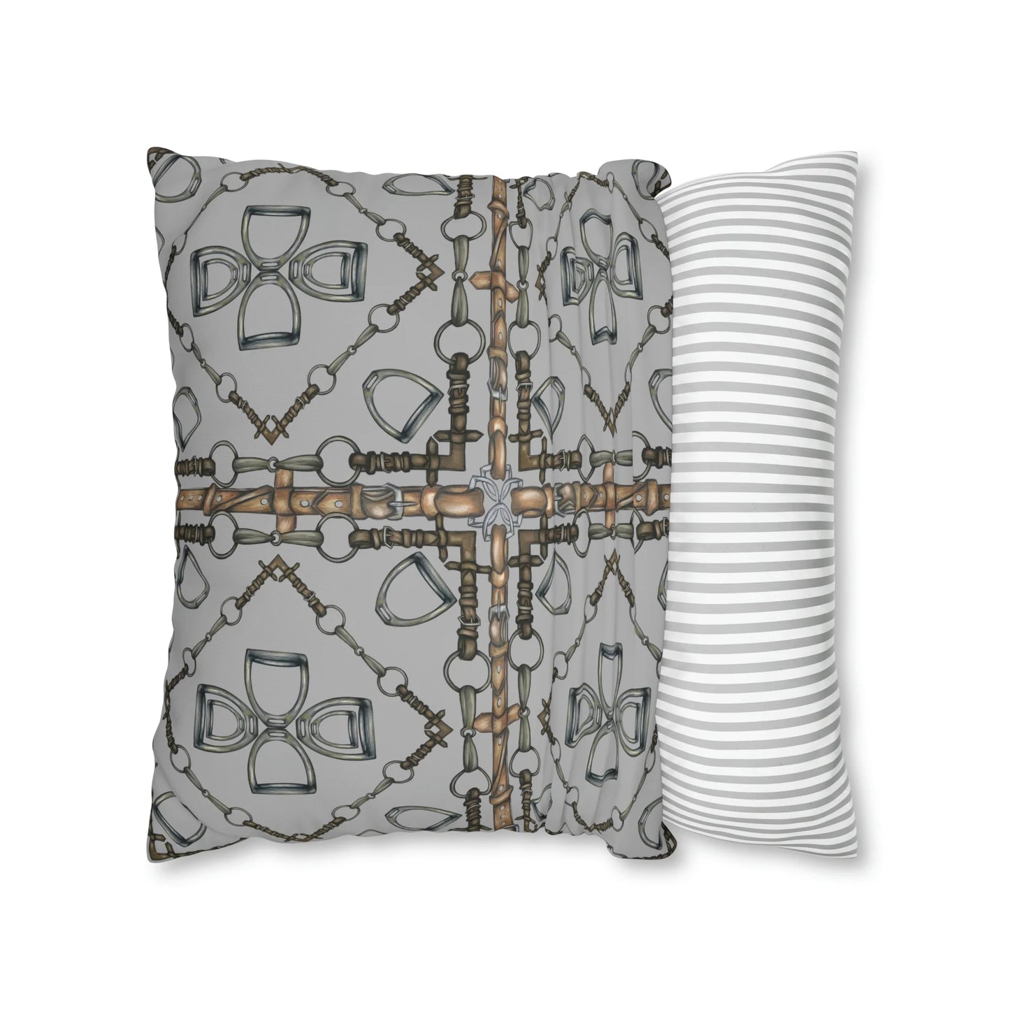 Gray Geometric Double Sided Snaffle Bit and Reins Pattern Polyester Pillowcase
