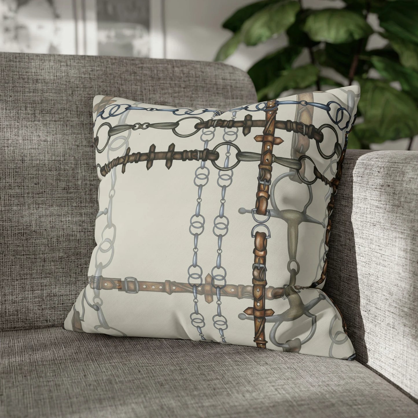 Ivory Double Sided Equestrian Chaos Bit Pillow Case
