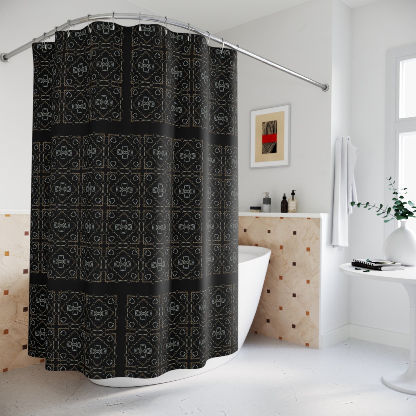 Snaffle bit and stirrup pattern Polyester Shower Curtain. My original equestrian art work printed on a shower curtain.