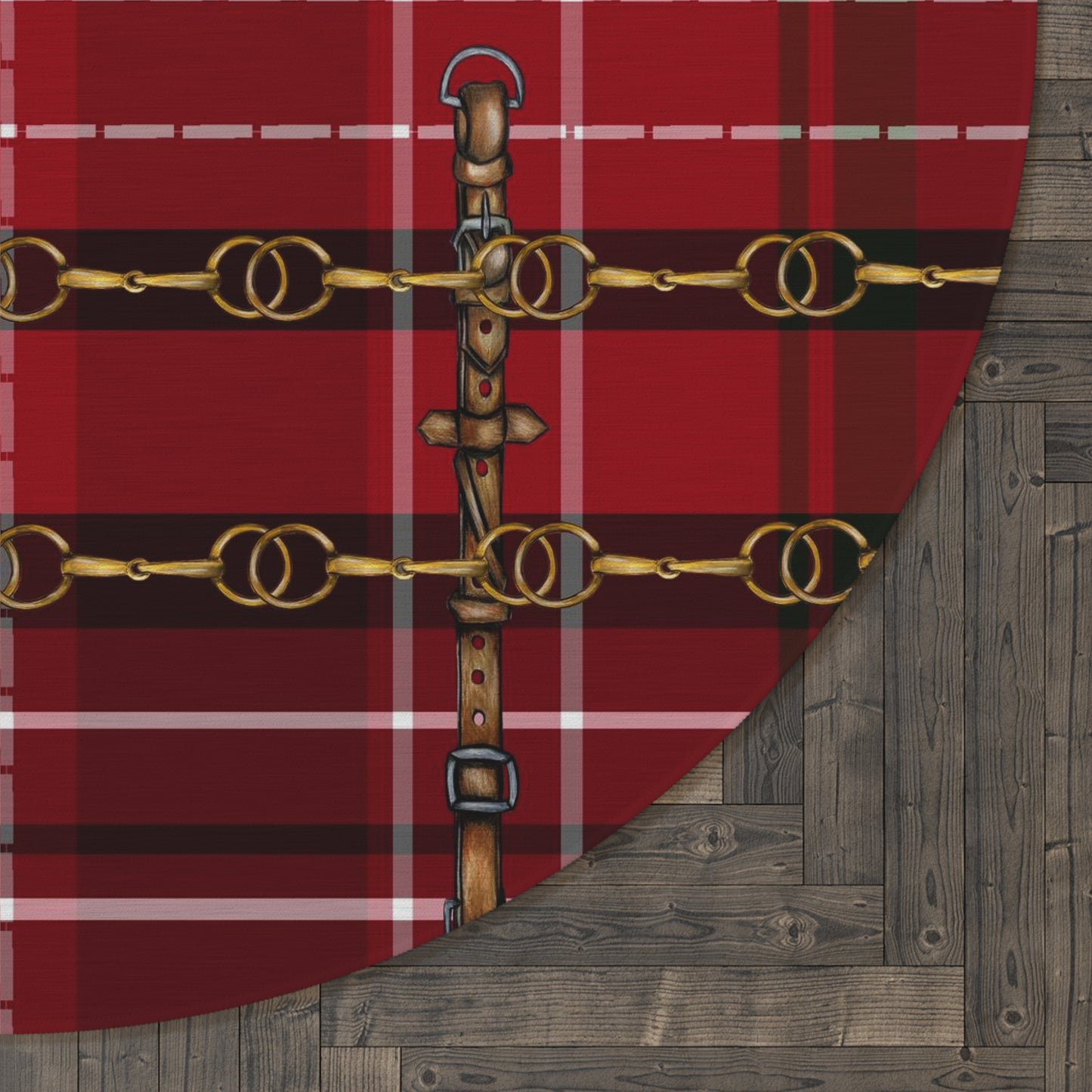 Red Plaid Equestrian Art Round Rug. Western Horse Original Art Rug. Show Stall Rug Home Decor