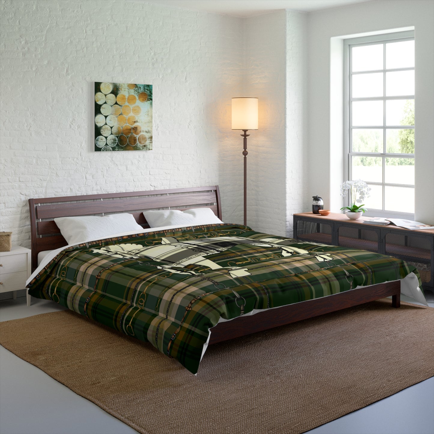 Dressage Snaffle Bit Motif over Plaid Art Comforter. Equestrian Bit and Reins art Comforter