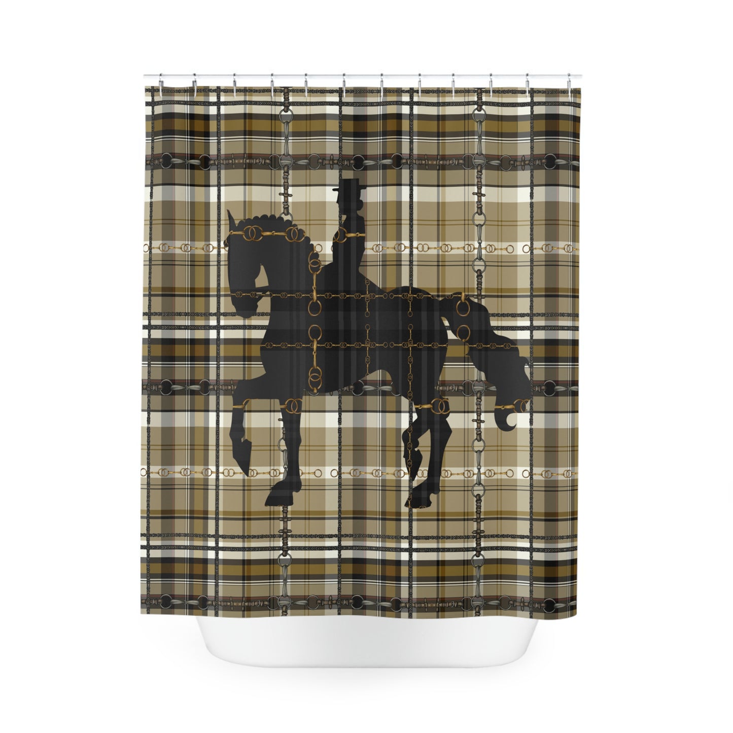 Dressage Plaid and Snaffle bit and stirrup pattern Polyester Shower Curtain. My original equestrian art work printed on a shower curtain.