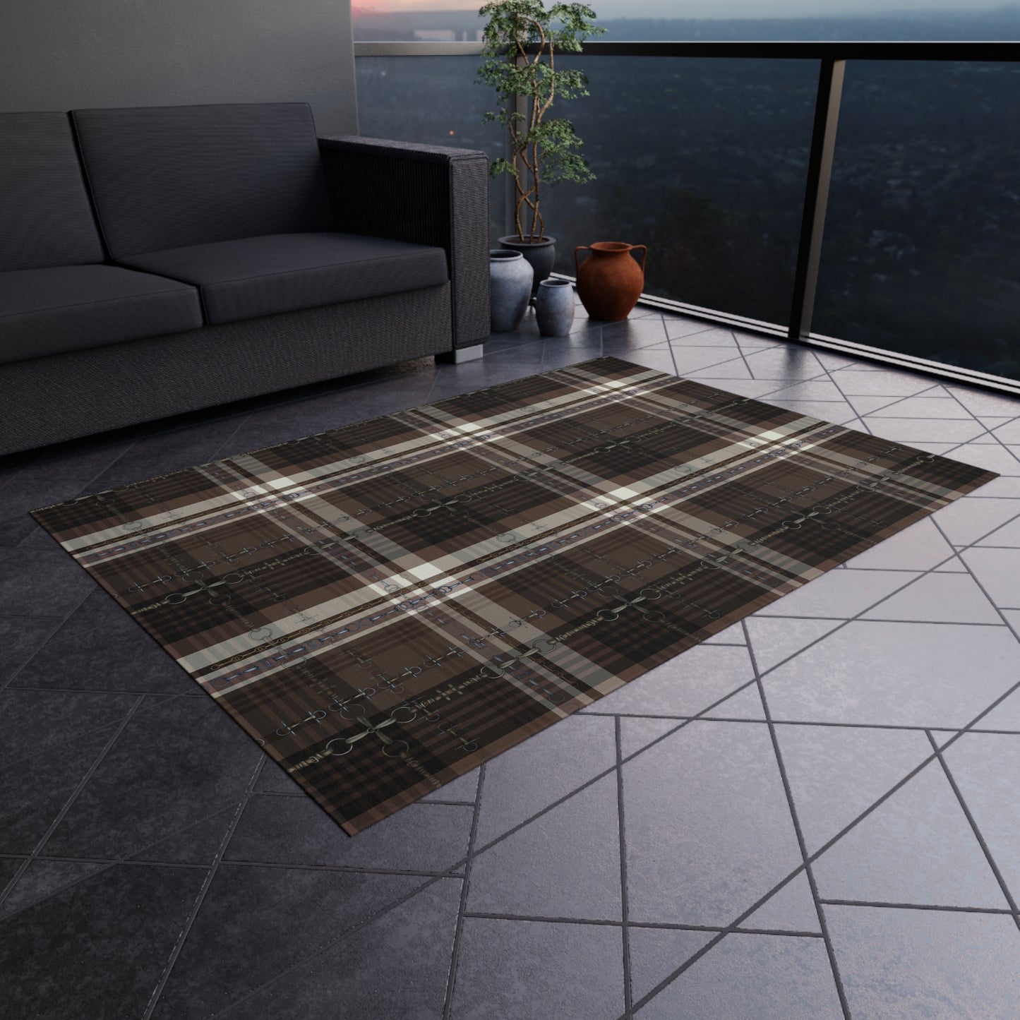 Equestrian plaid and snaffle bit Indoor/Outdoor Rug
