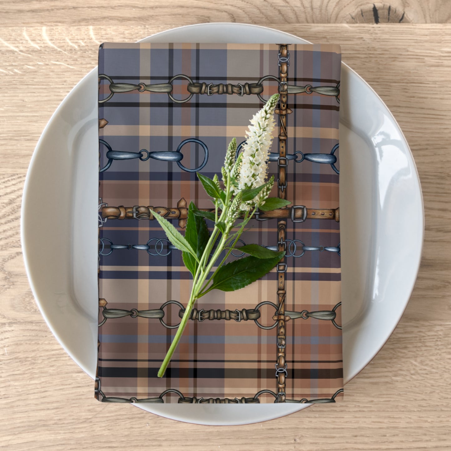 Tan and Blue Plaid with silver Bits and Reins Artwork overlay Napkins (Set of 4) matching Runner available