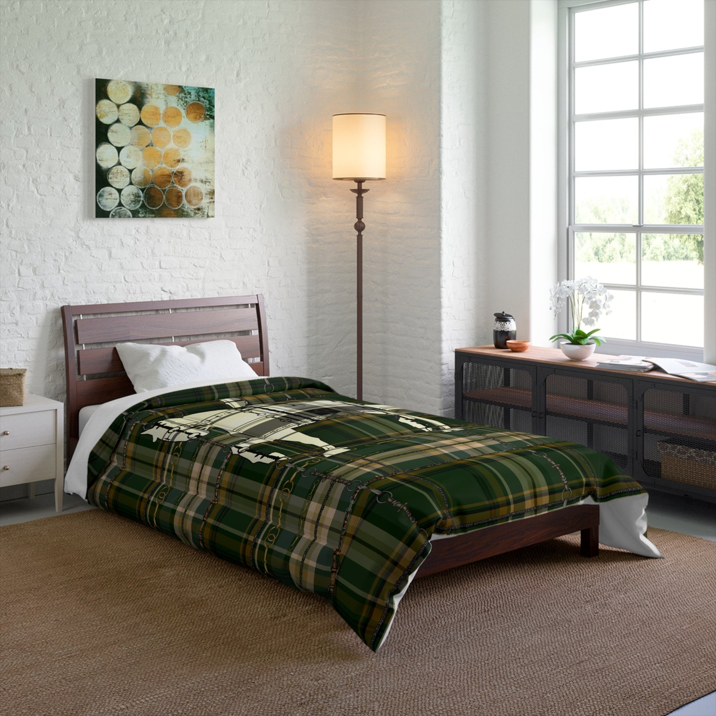Dressage Snaffle Bit Motif over Plaid Art Comforter. Equestrian Bit and Reins art Comforter