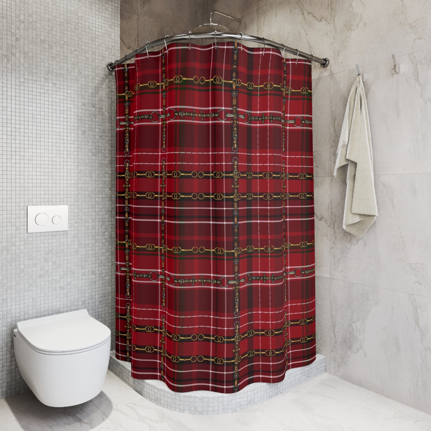 Christmas Red Plaid and Snaffle bit and stirrup pattern Polyester Shower Curtain. My original equestrian art work printed on a shower curtain.