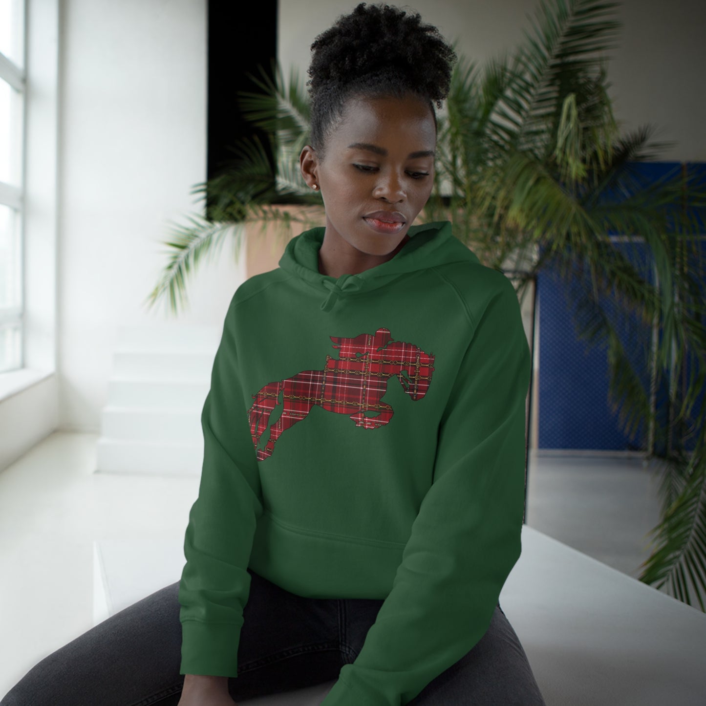 Christmas Jumping Horse Plaid "Oh What fun it is to ride" Dressage Unisex Supply Hoodie