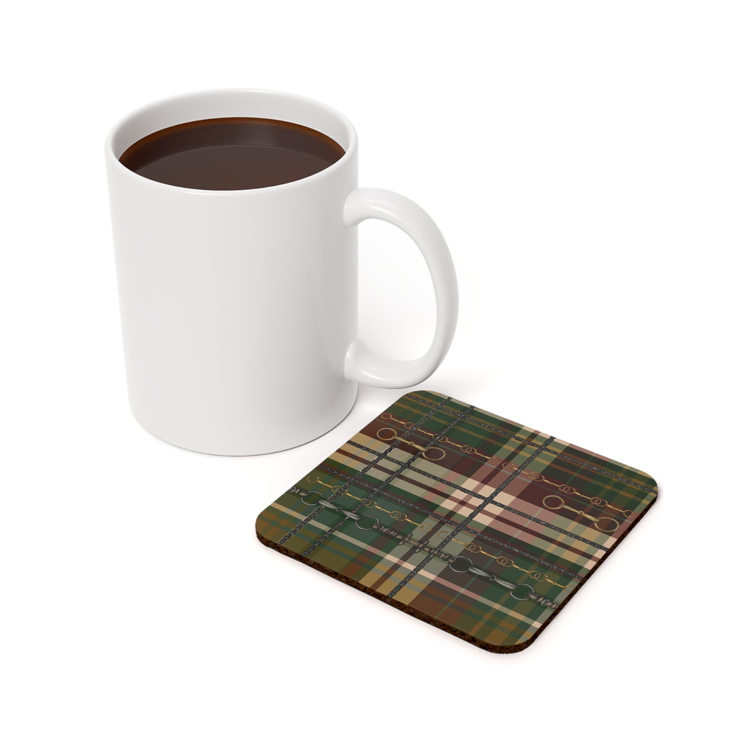 Country Style Red and Green Equestrian Plaid Cork Back Party Coasters