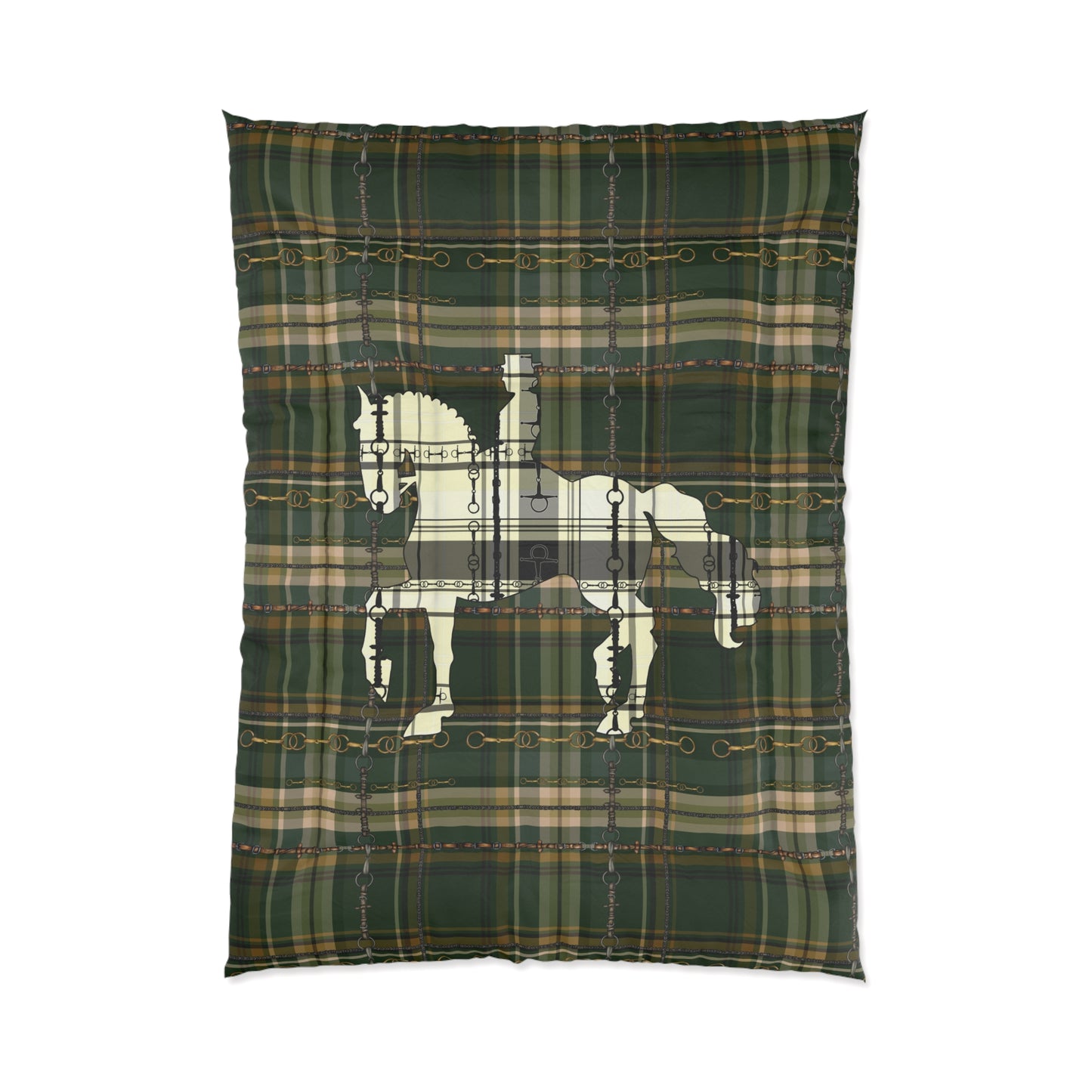 Dressage Snaffle Bit Motif over Plaid Art Comforter. Equestrian Bit and Reins art Comforter