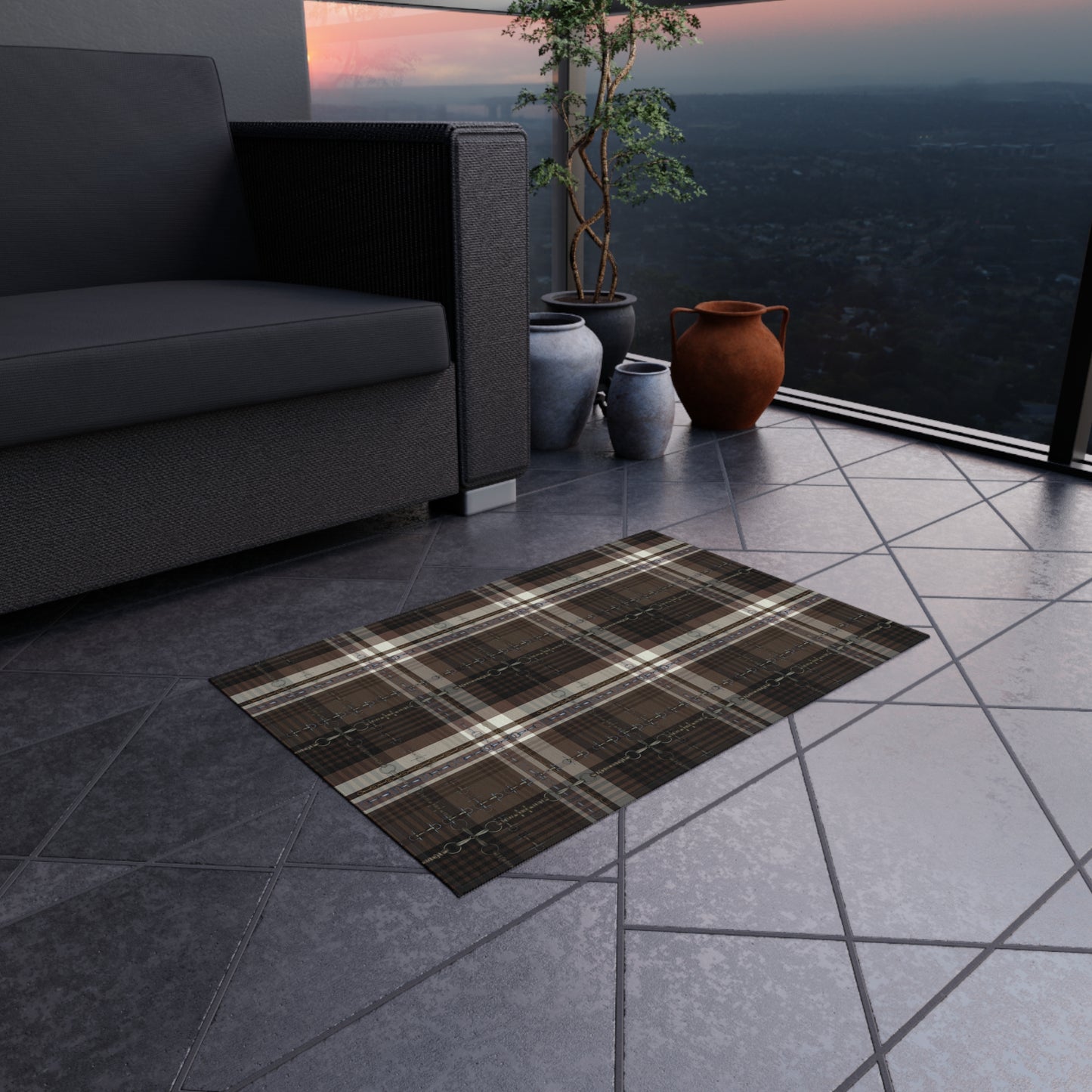 Equestrian plaid and snaffle bit Indoor/Outdoor Rug