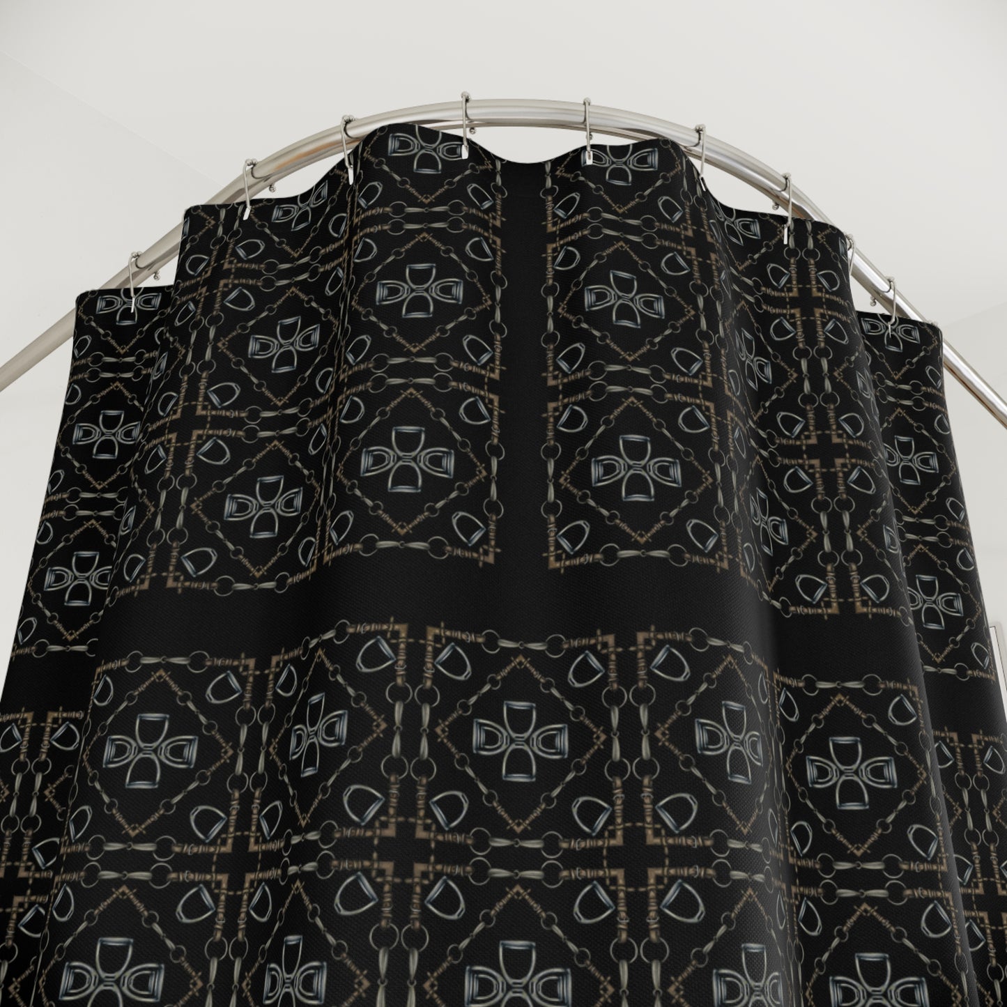 Snaffle bit and stirrup pattern Polyester Shower Curtain. My original equestrian art work printed on a shower curtain.