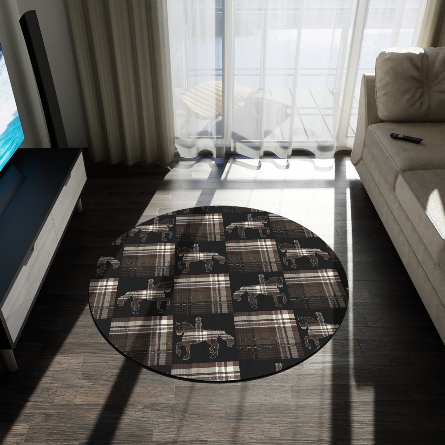 Brown Dressage snaffle bit Plaid Equestrian Art Round Rug. Original Art Rug. Show Stall Rug Home Decor