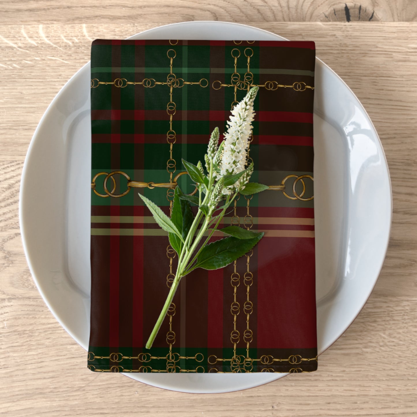 Christmas Plaid Fox and Hound Hunter Green Plaid with silver Bits and Reins Artwork Rustic Christmas Napkins (Set of 4)