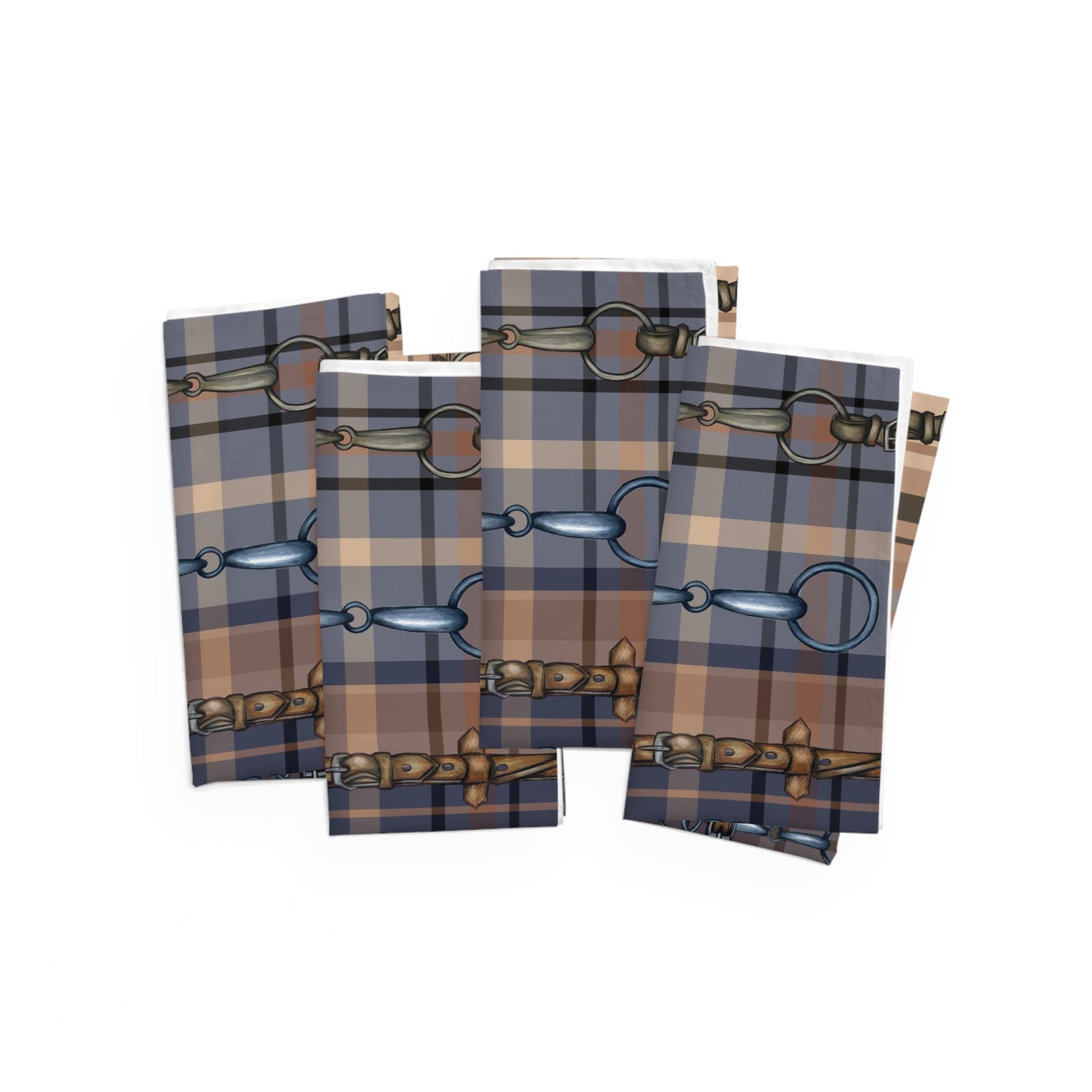 Tan and Blue Plaid with silver Bits and Reins Artwork overlay Napkins (Set of 4)