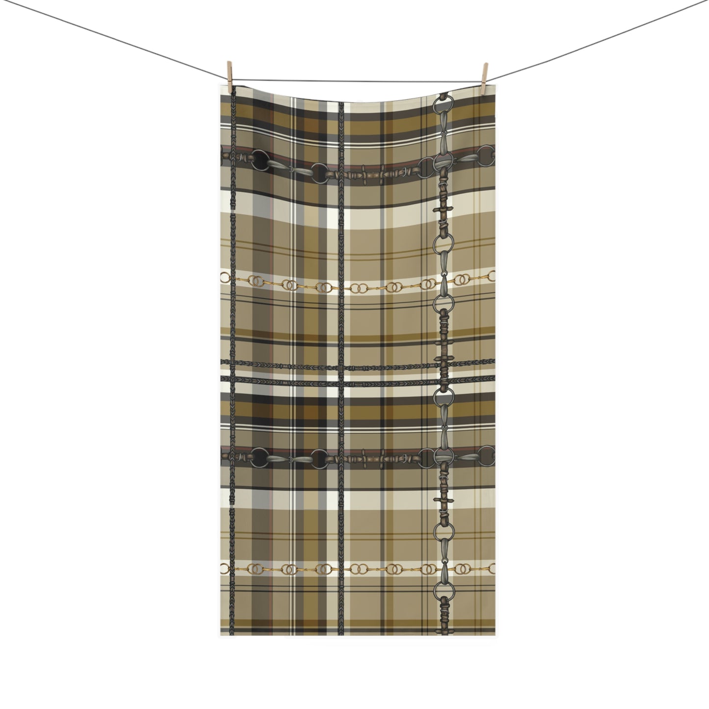 Tan Mustard Black Plaid with my snaffle Bit and reins Artwork Horse Luxury Bath Towel