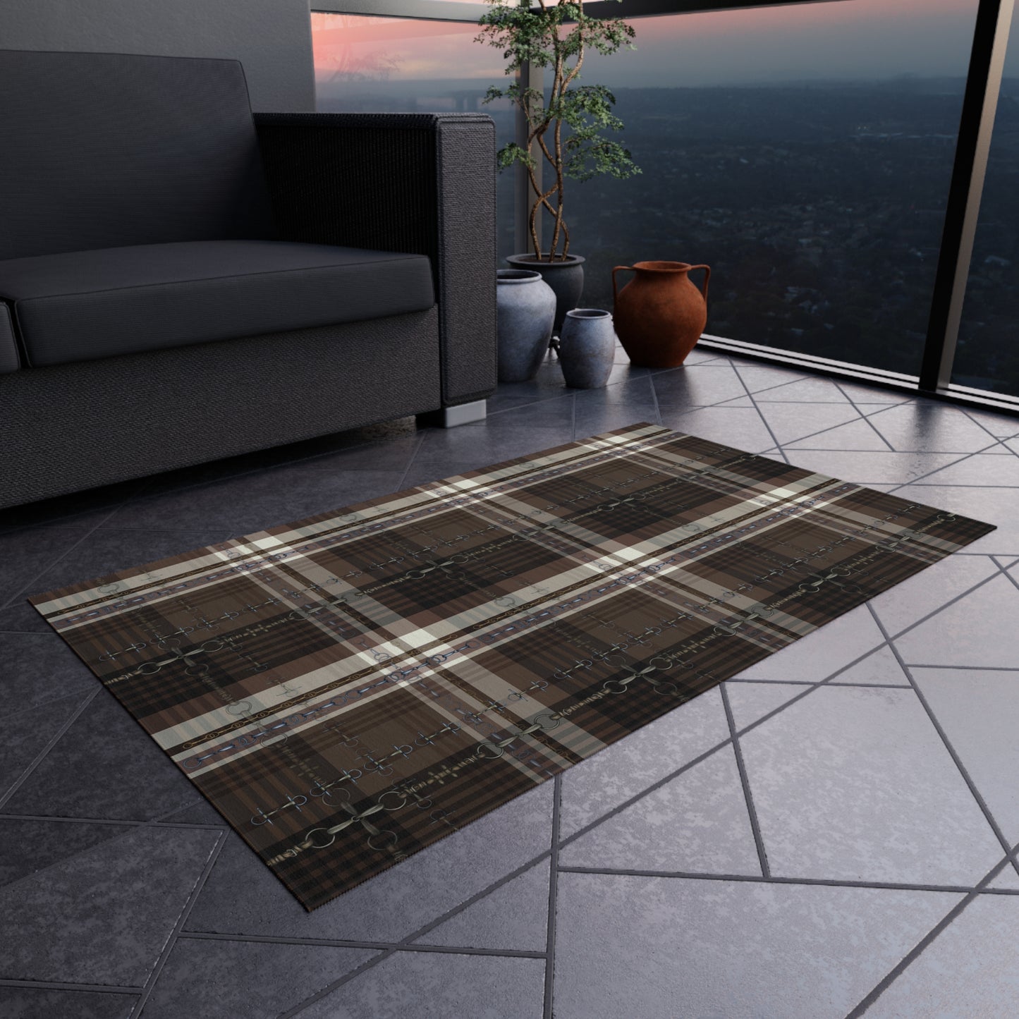 Equestrian plaid and snaffle bit Indoor/Outdoor Rug