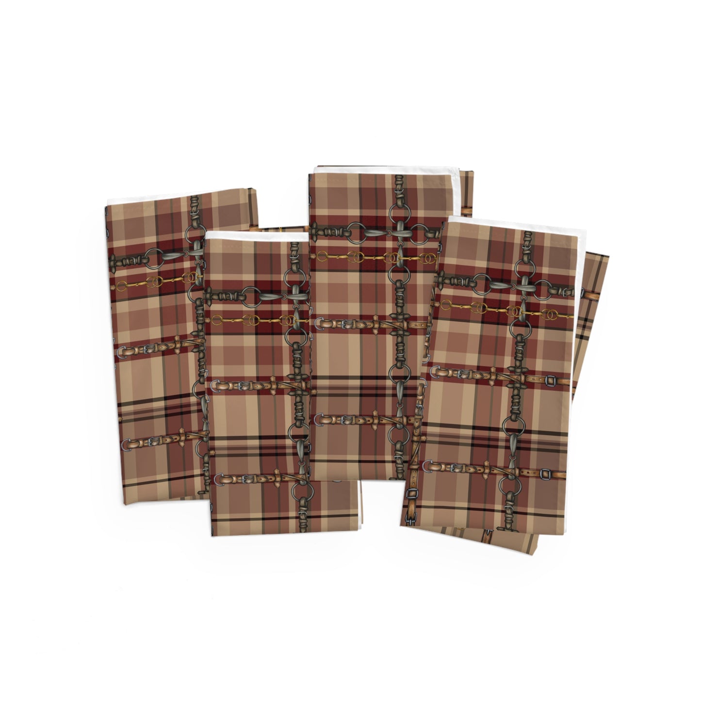 Country Red Tan Equestrian Plaid with Bits , Reins and Straps My Artwork Napkins (Set of 4) matching Runner Available