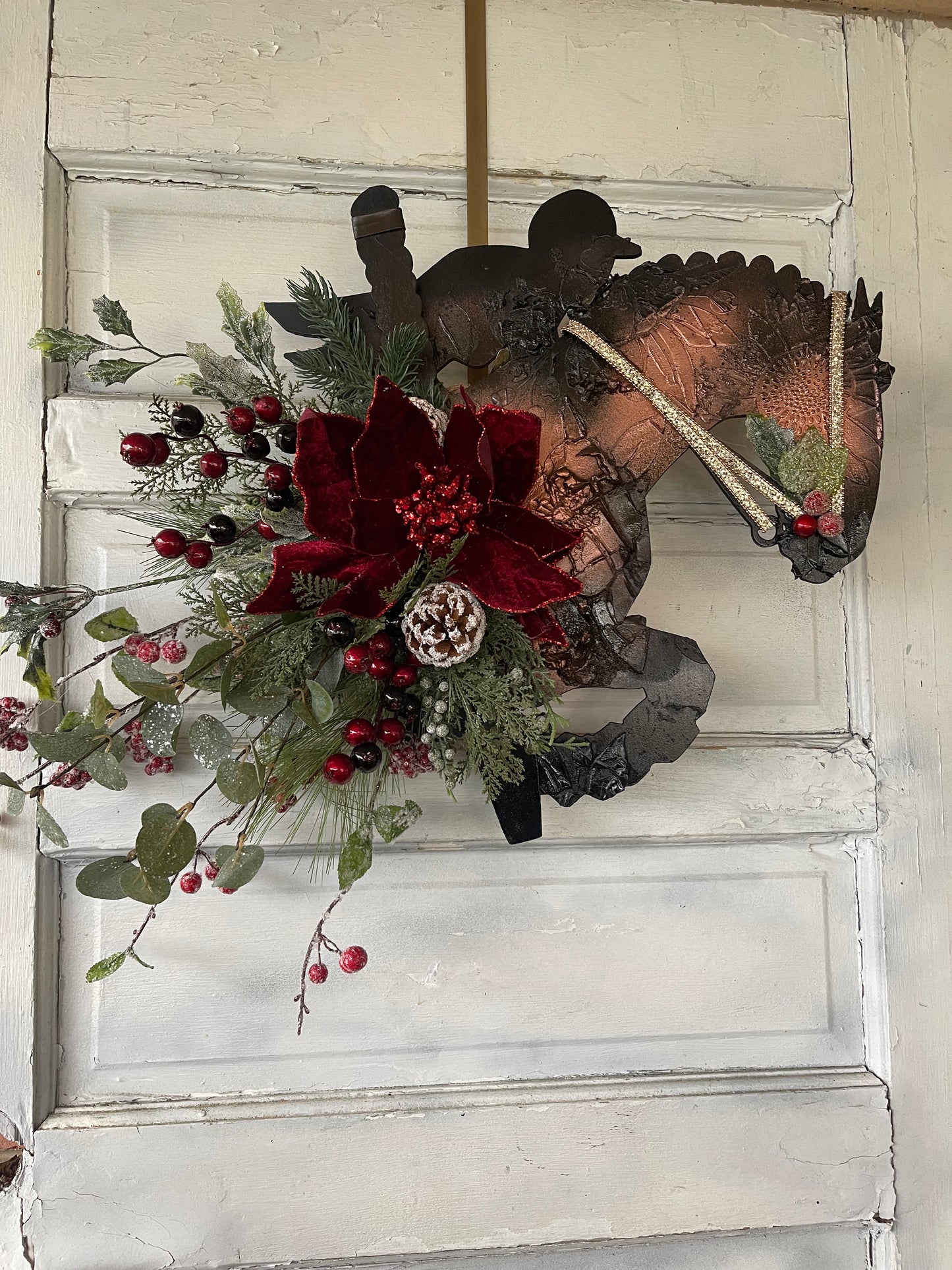 Hunter Jumper Christmas Jumping horse with Crop and Poinsettia floral Embellishment